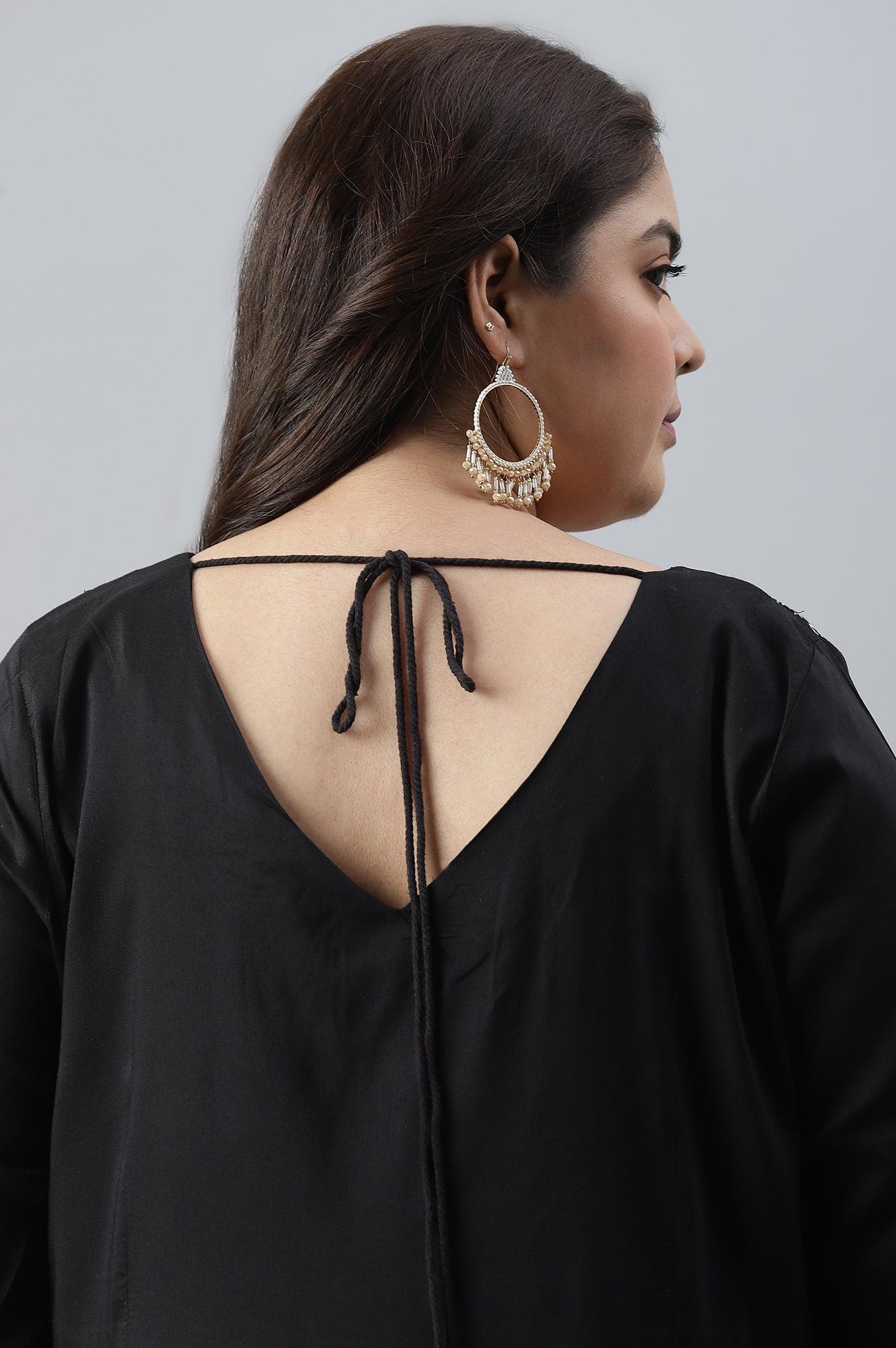 Black Glitter Printed And Embroidered Plus Size Dress - Image 9