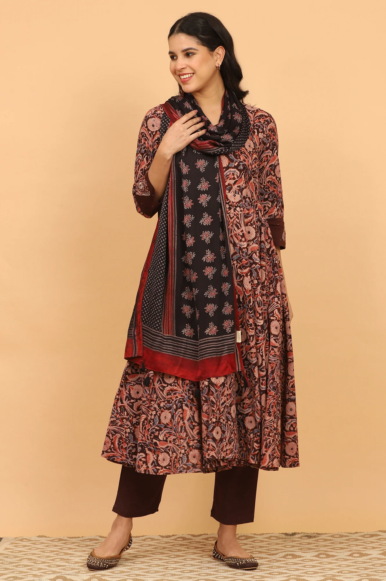 Black Handblock Ajrakh Printed Dupatta in Modal Satin - Image 3