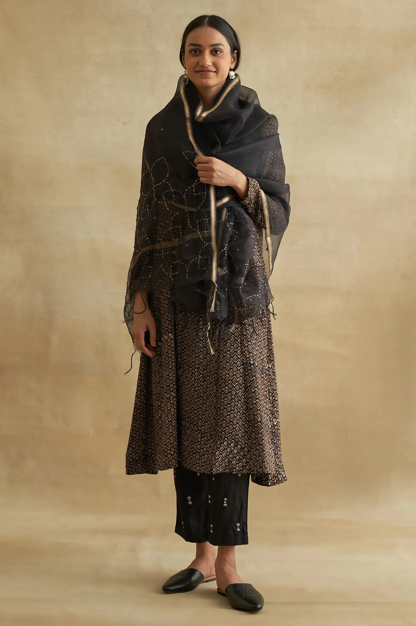 Black Handblock Print Flared kurta - Image 5