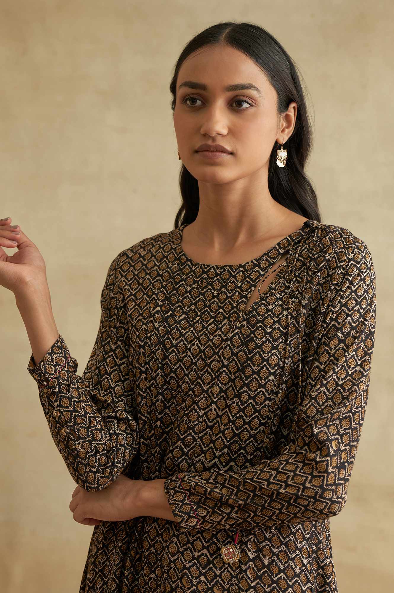 Black Handblock Print Flared kurta - Image 6