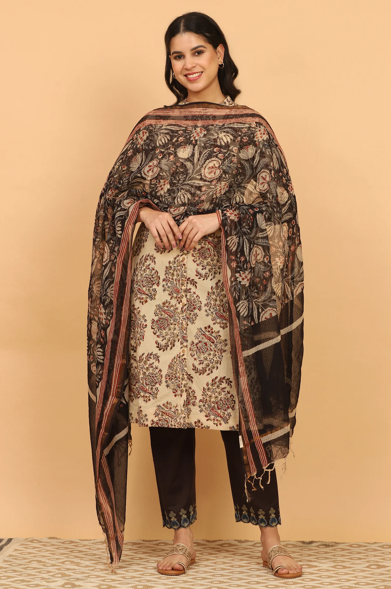 Black Handblock Printed Dupatta in Kota Doriya - Image 3