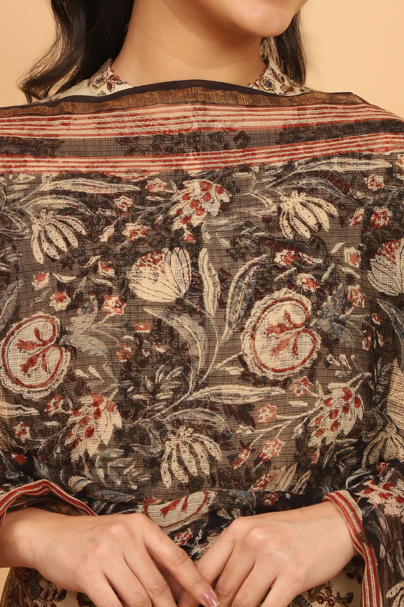 Black Handblock Printed Dupatta in Kota Doriya - Image 4