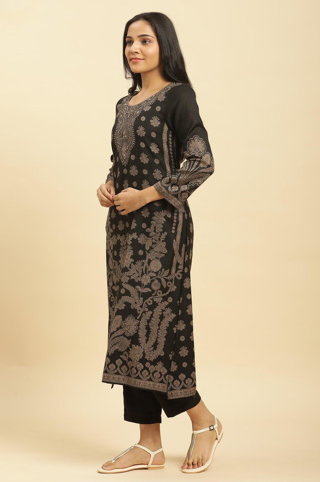 Black Jacquard Winter Kurta, Pants And Dupatta Set - Image 3