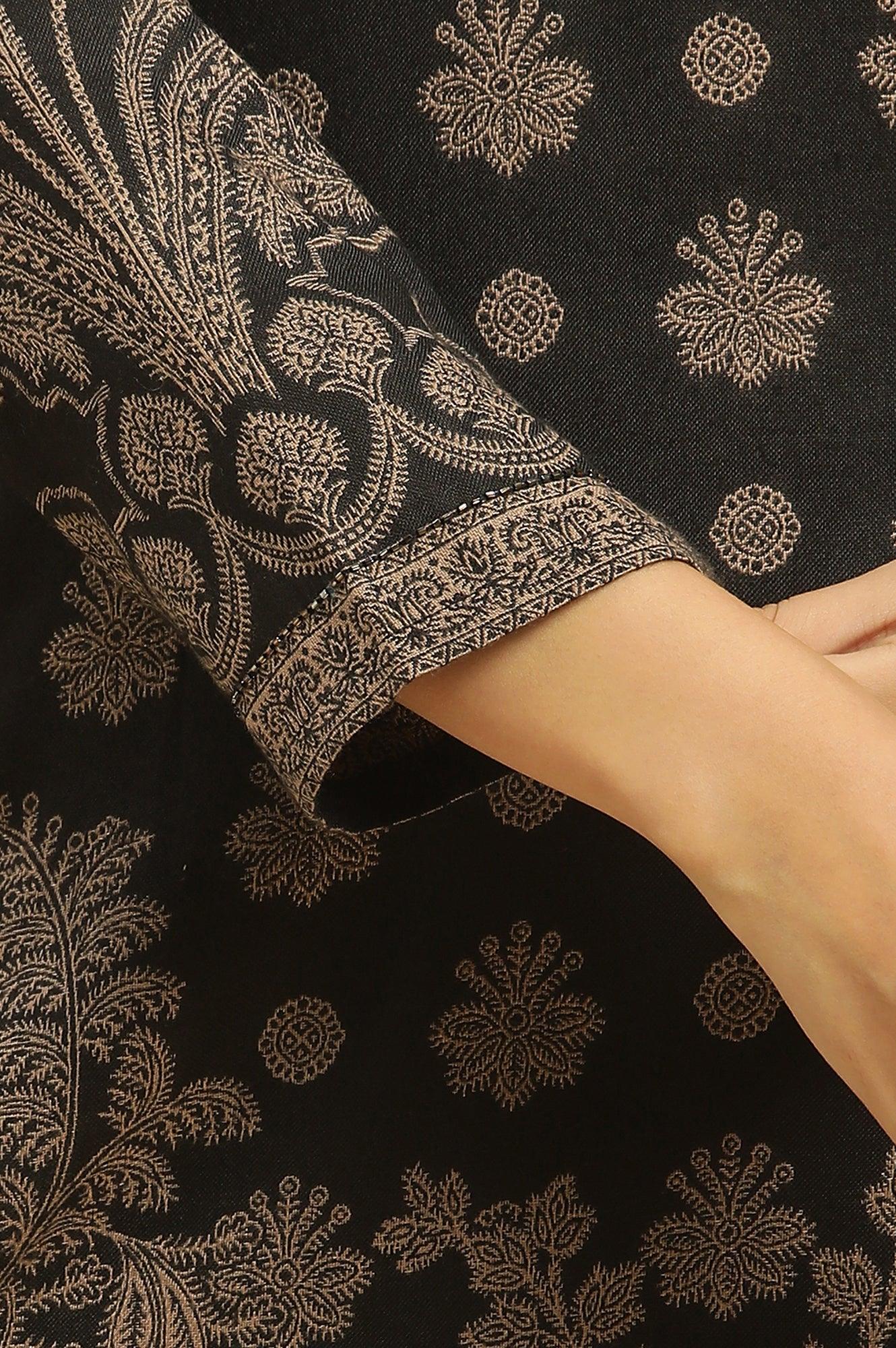 Black Jacquard Winter Kurta, Pants And Dupatta Set - Image 7