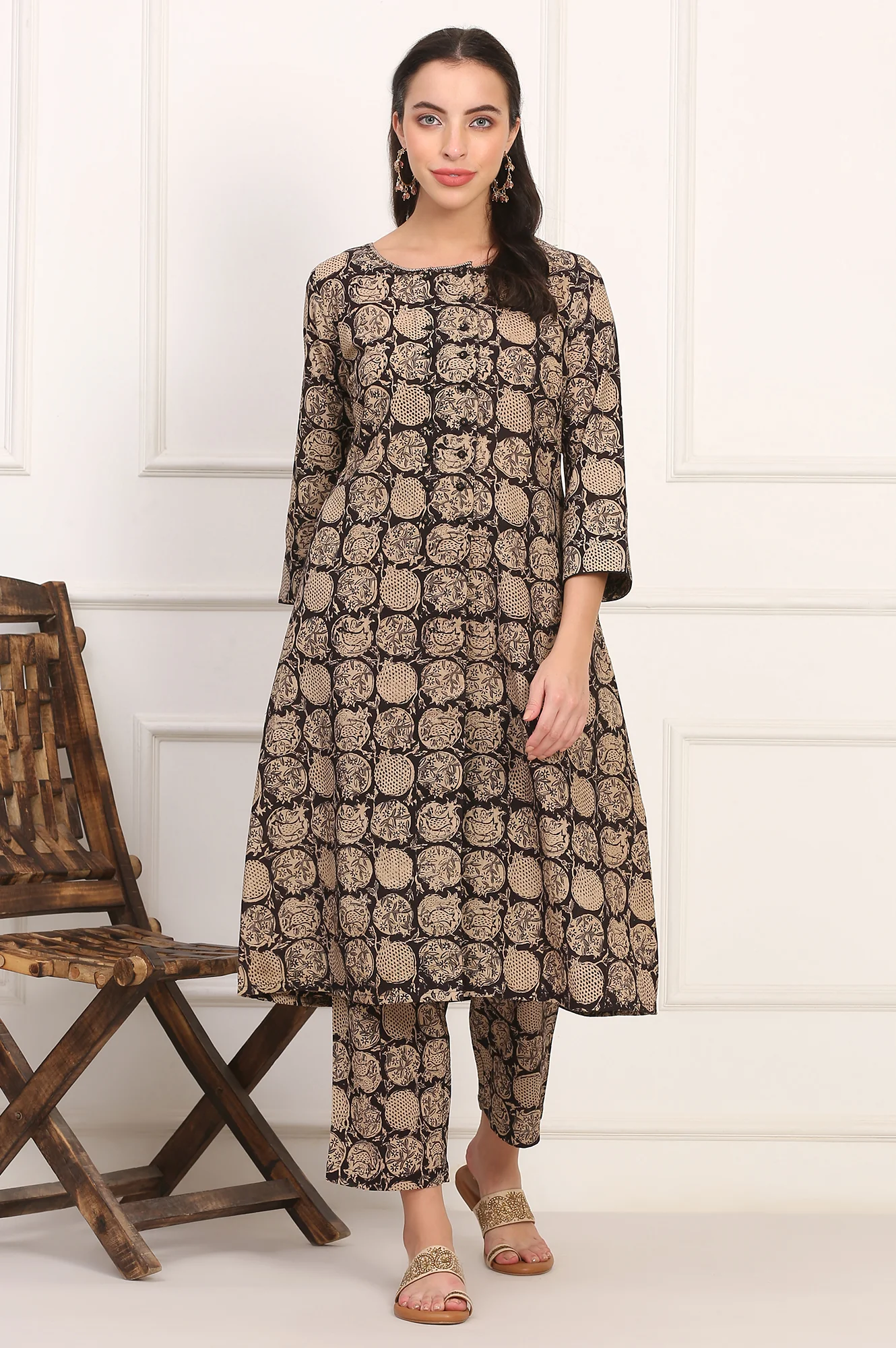 Black Kalamkari Printed Pure Cotton A-Line Kurta and Pants Co-ord Set - Image 3