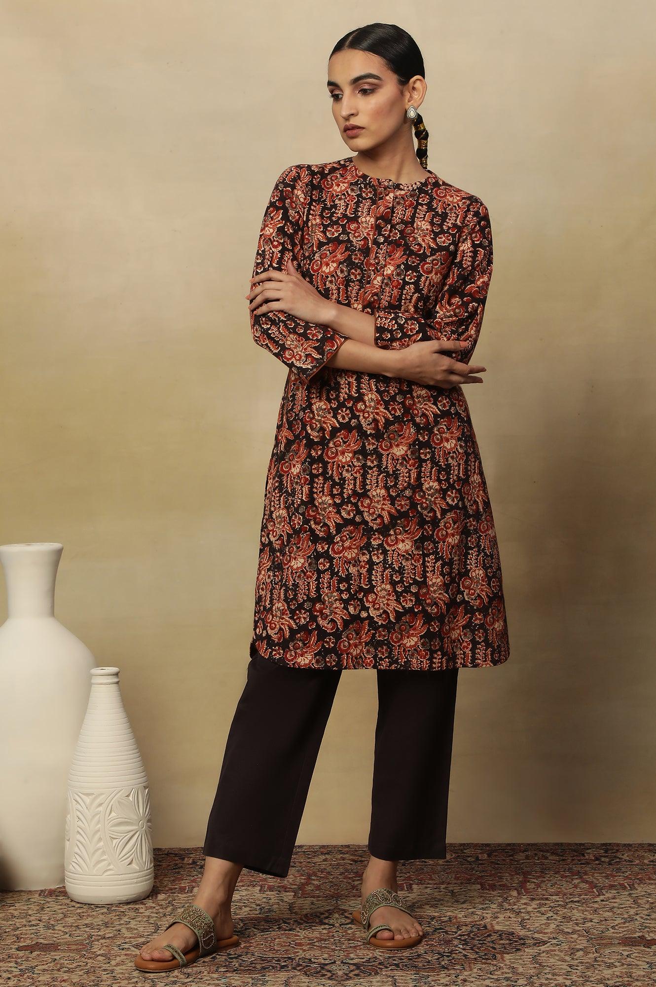 Black Kalamkari Printed Straight Kurta in Cotton Slub - Image 2