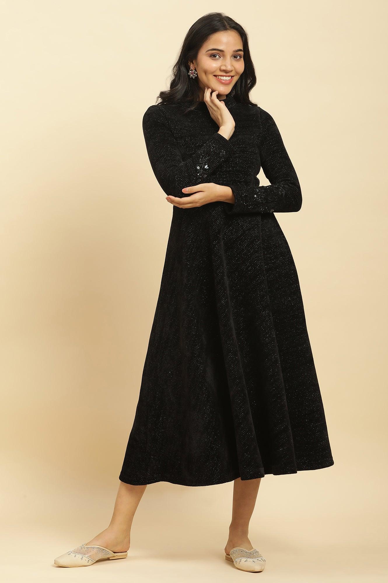 Black Knitted Circular Flared Winter Dress - Image 2