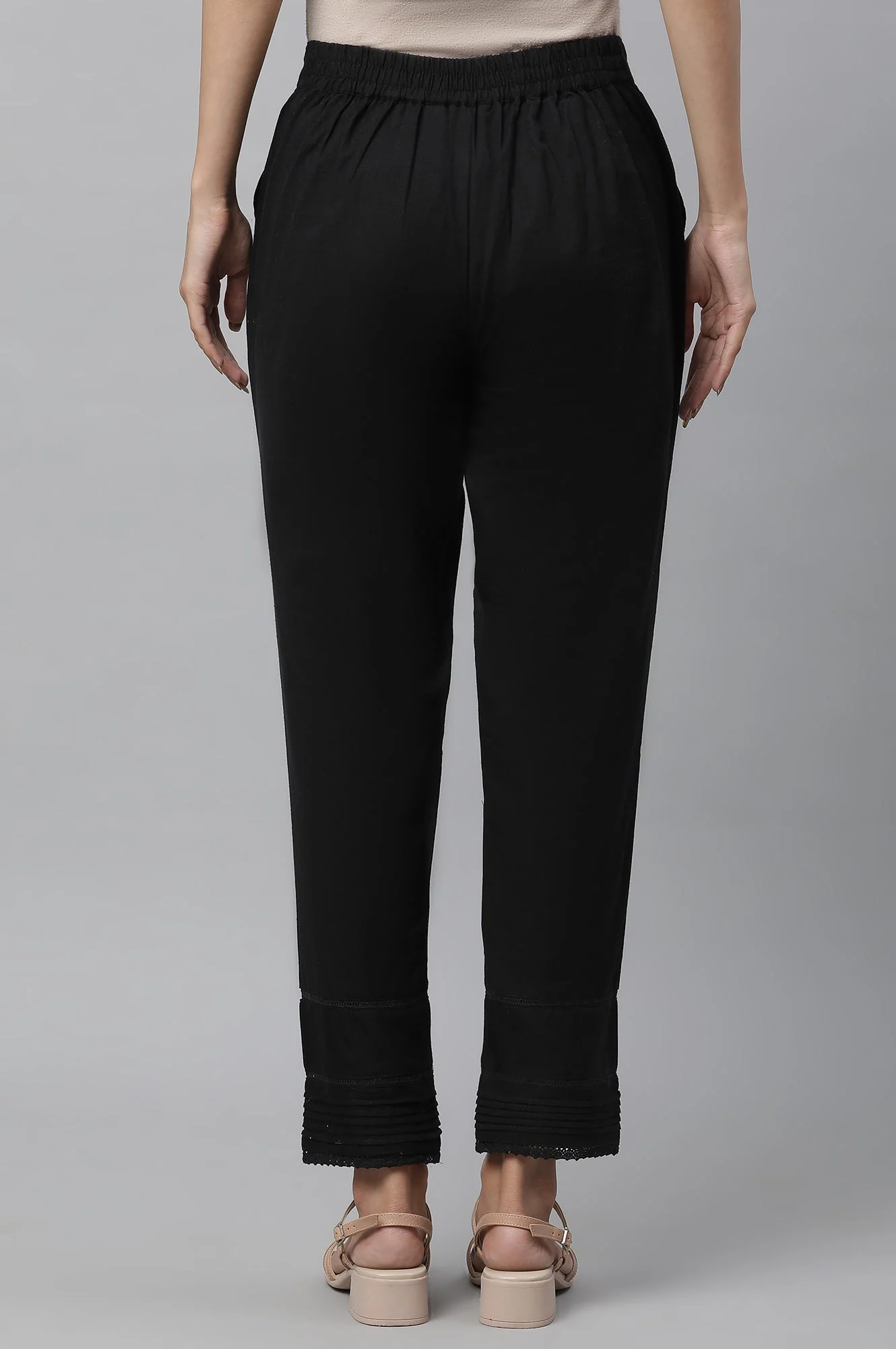 Black Solid Straight Fit Cotton Trousers With Lace Insert - Image 3