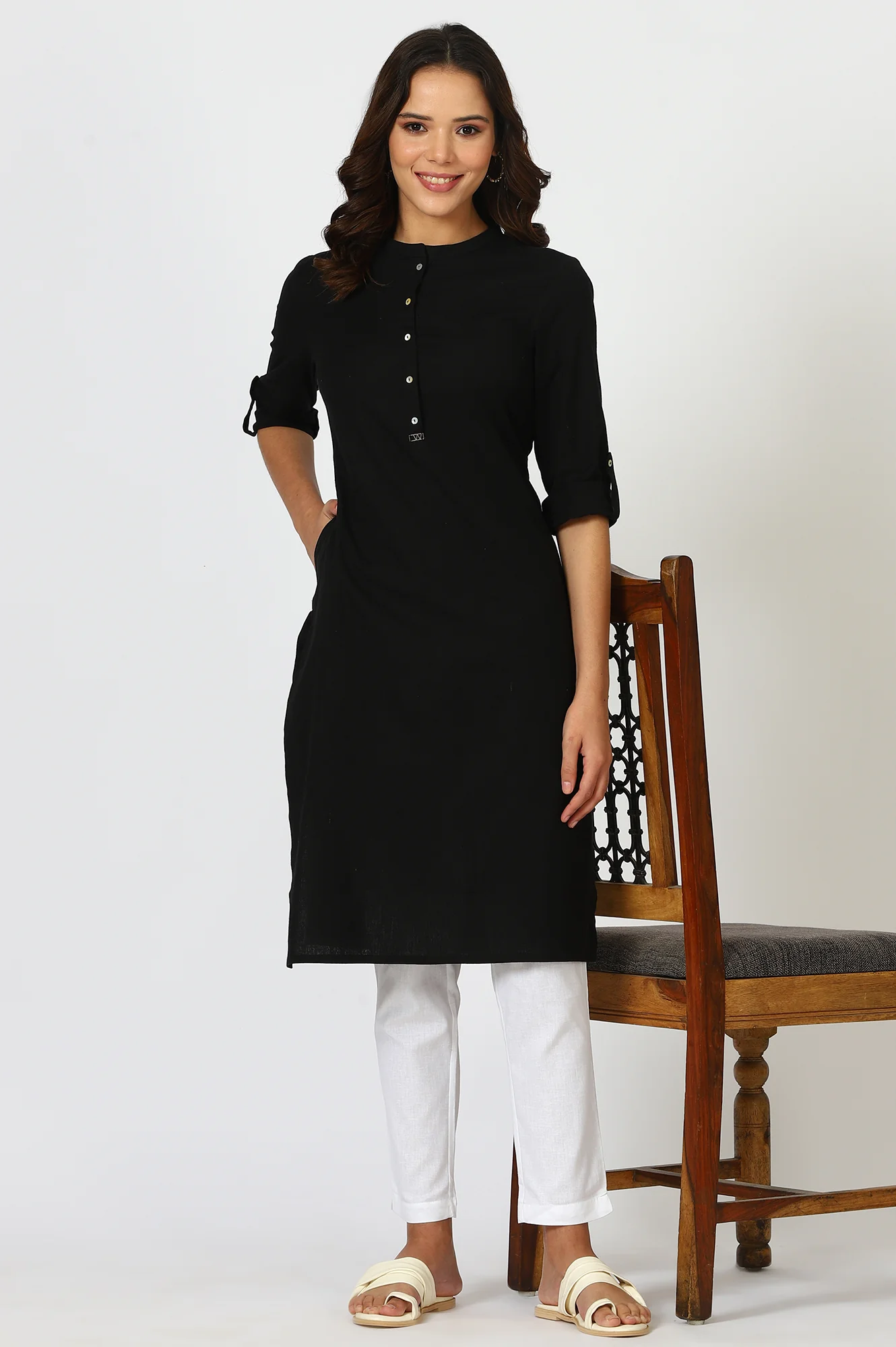 Black Mandarin Collar Cotton Blend Straight Kurta - Image 3