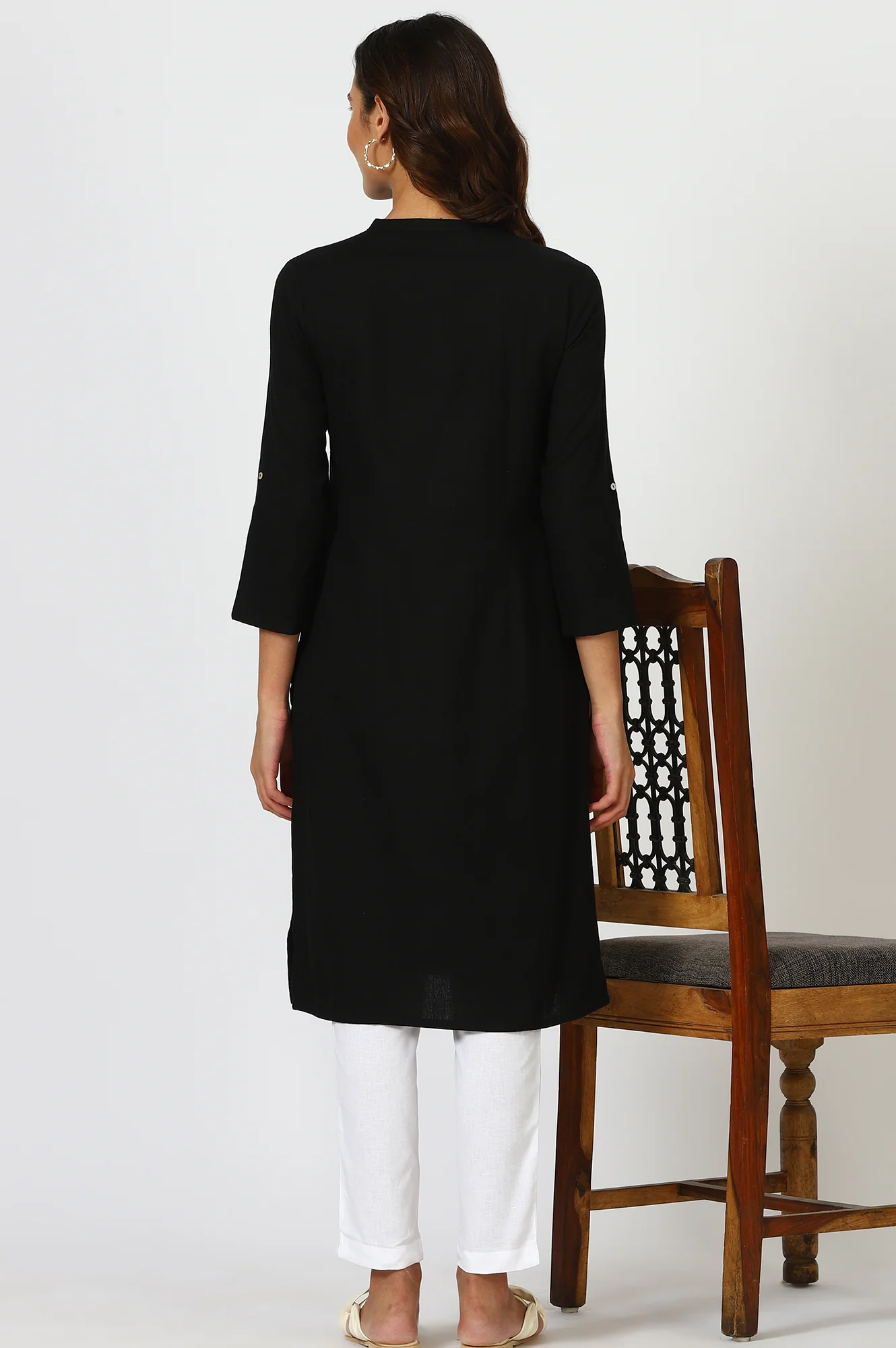 Black Mandarin Collar Cotton Blend Straight Kurta - Image 6