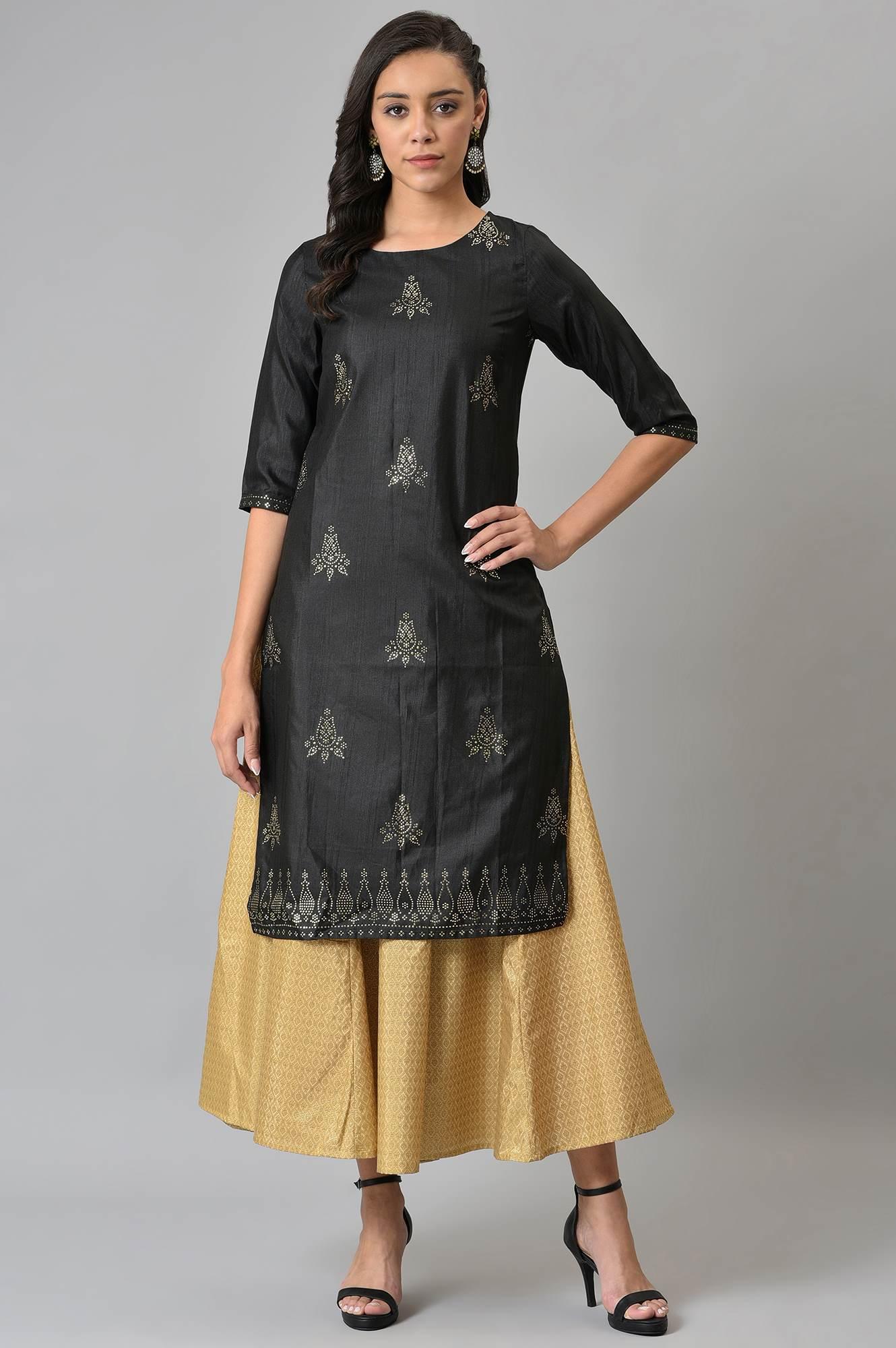 Black Mukaish Printed A-Line kurta