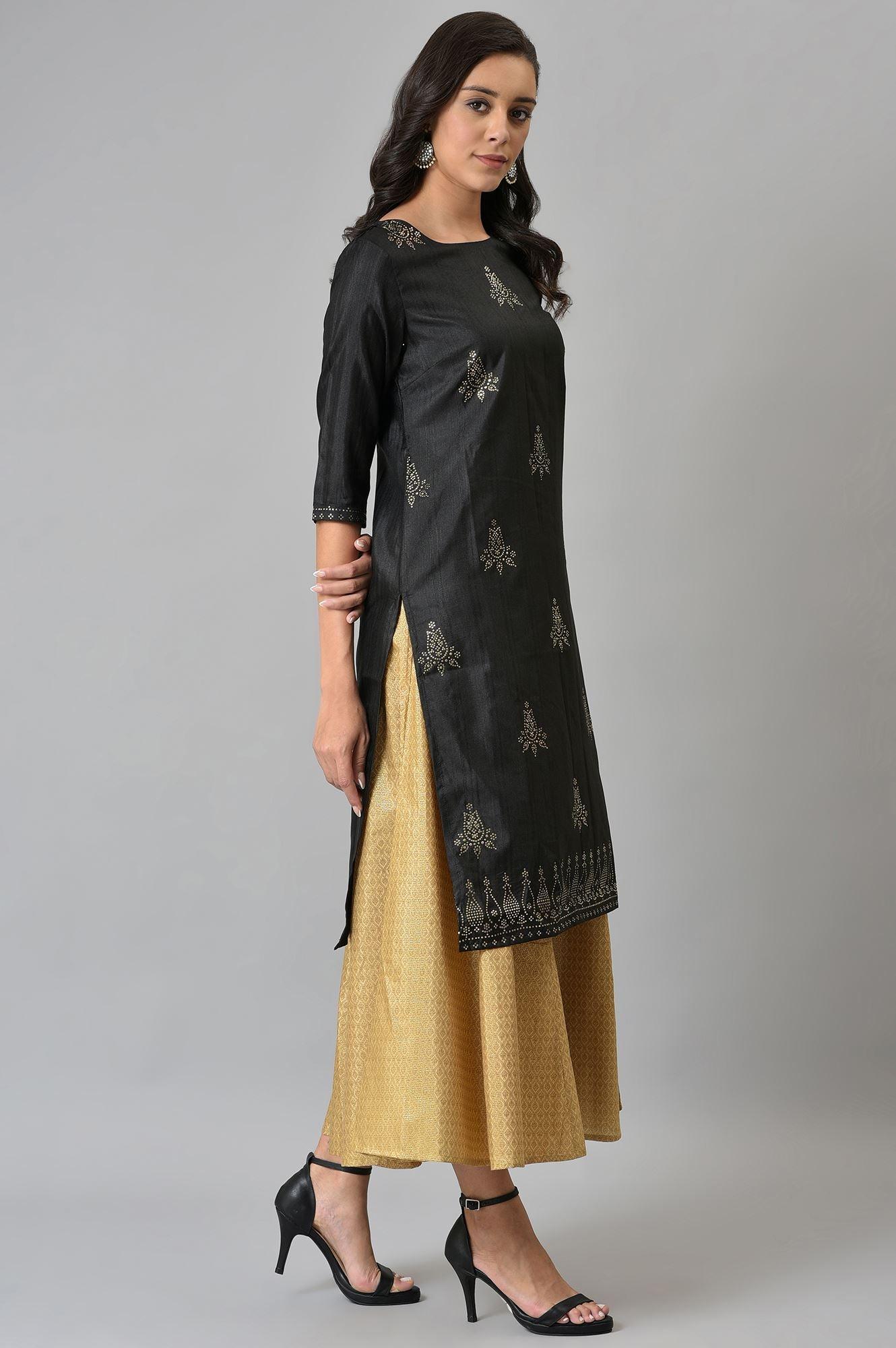 Black Mukaish Printed A-Line kurta - Image 4