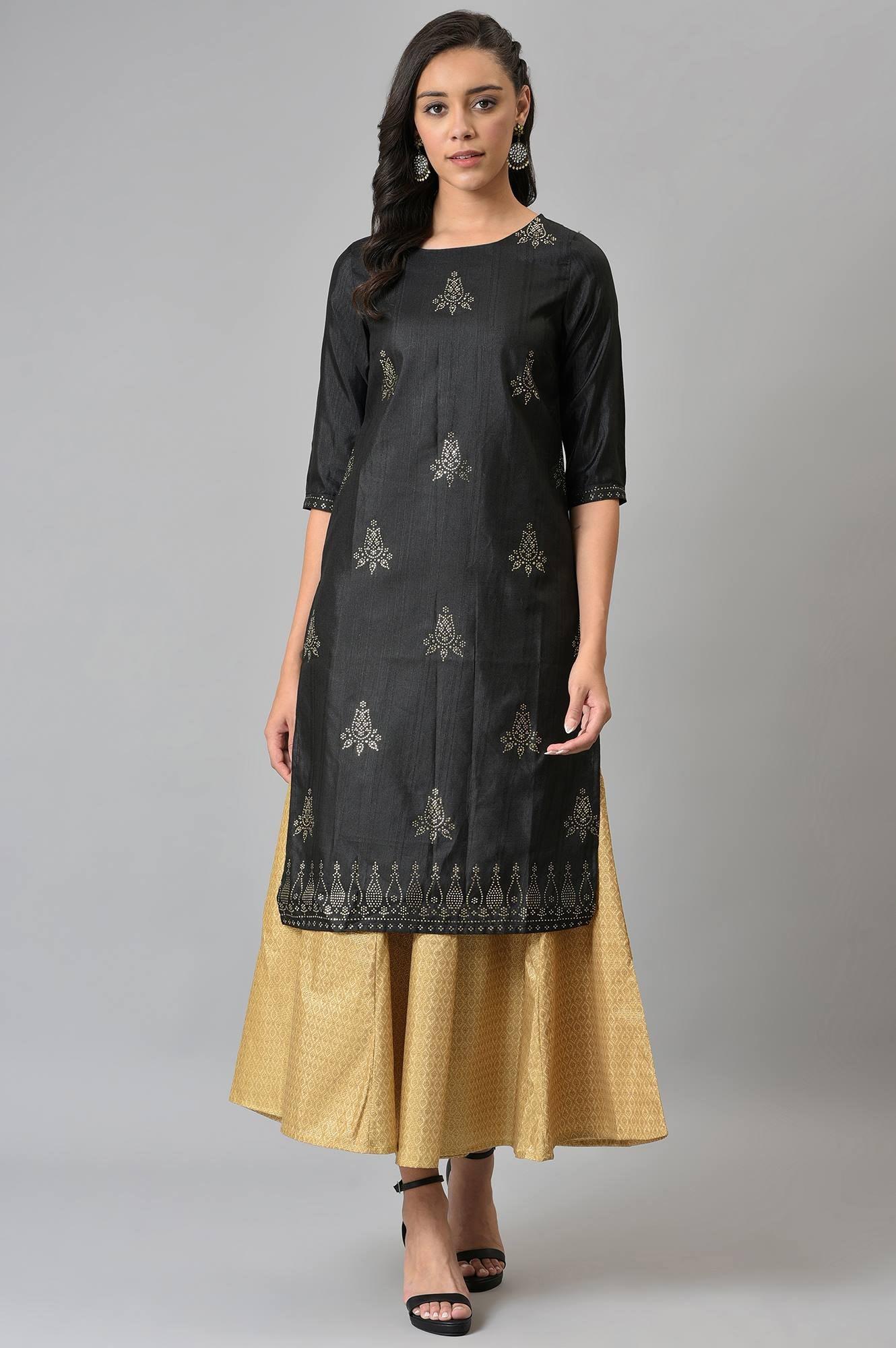 Black Mukaish Printed A-Line kurta - Image 5