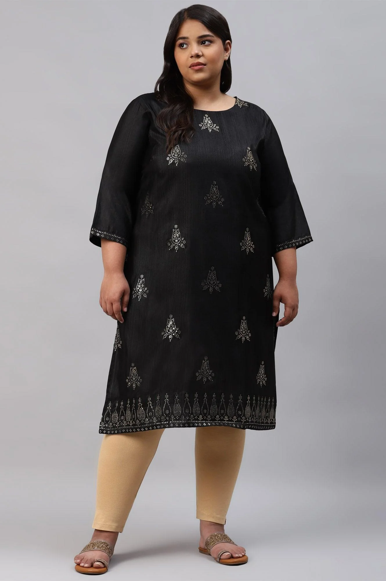 Black Mukaish Printed A-Line Plus Size kurta