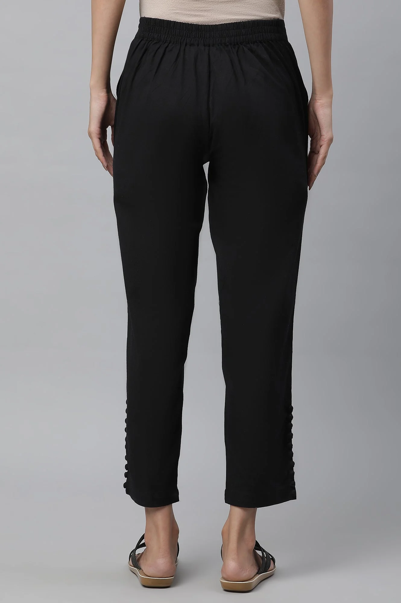 Black Solid Straight Fit Cotton Pants With Button Detail - Image 3