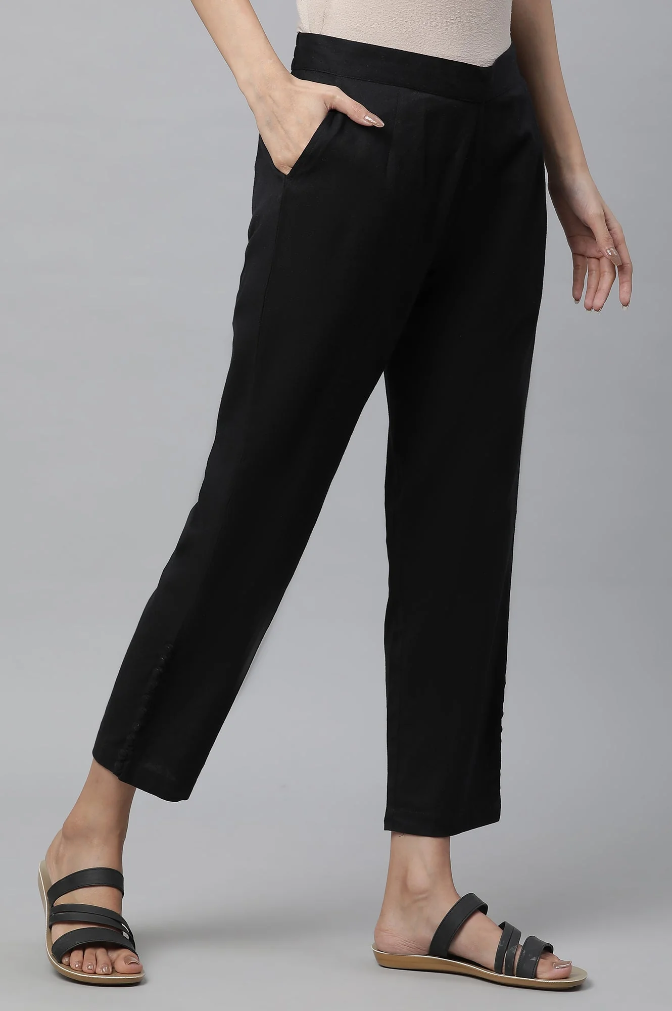 Black Solid Straight Fit Cotton Pants With Button Detail - Image 4