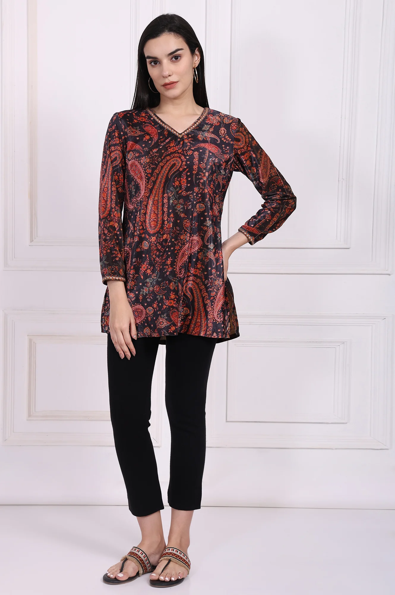 Black Paisley Printed Straight Velvet Tunic with Embroidered Neck - Image 2