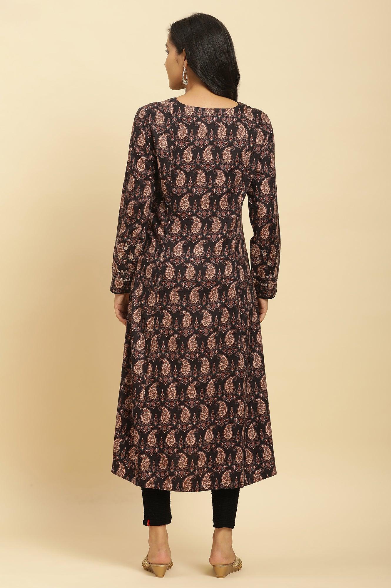 Black Paisley Printed Winter Kurta And Tights Set - Image 4