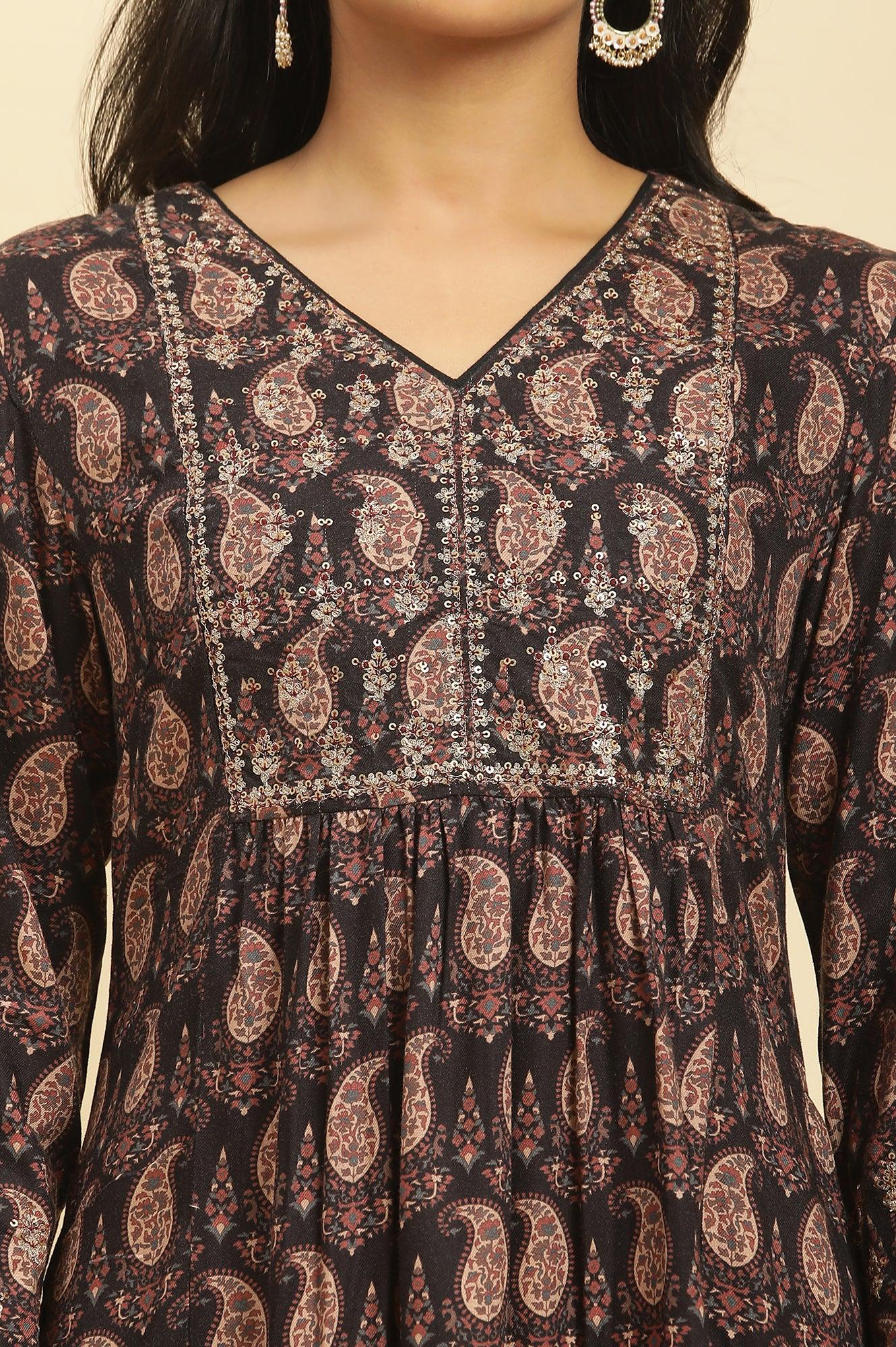 Black Paisley Printed Winter Kurta And Tights Set - Image 6