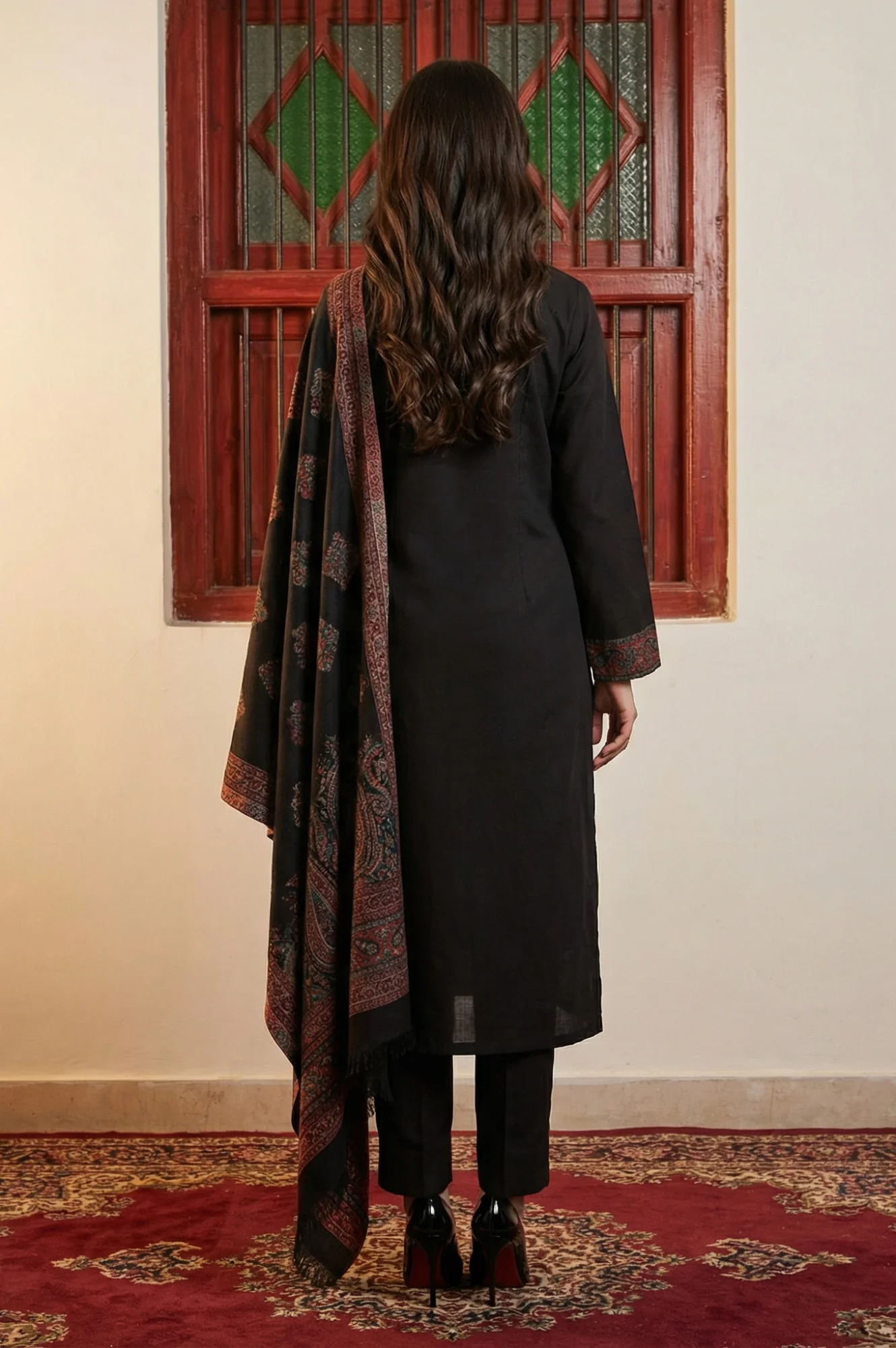 Black Paisley Yarn Dyed Winter Straight Kurta with Pants and Dupatta Set - Image 4