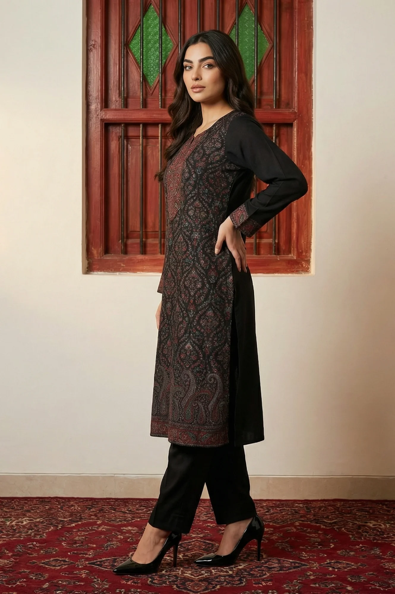 Black Paisley Yarn Dyed Winter Straight Kurta with Pants and Dupatta Set - Image 5
