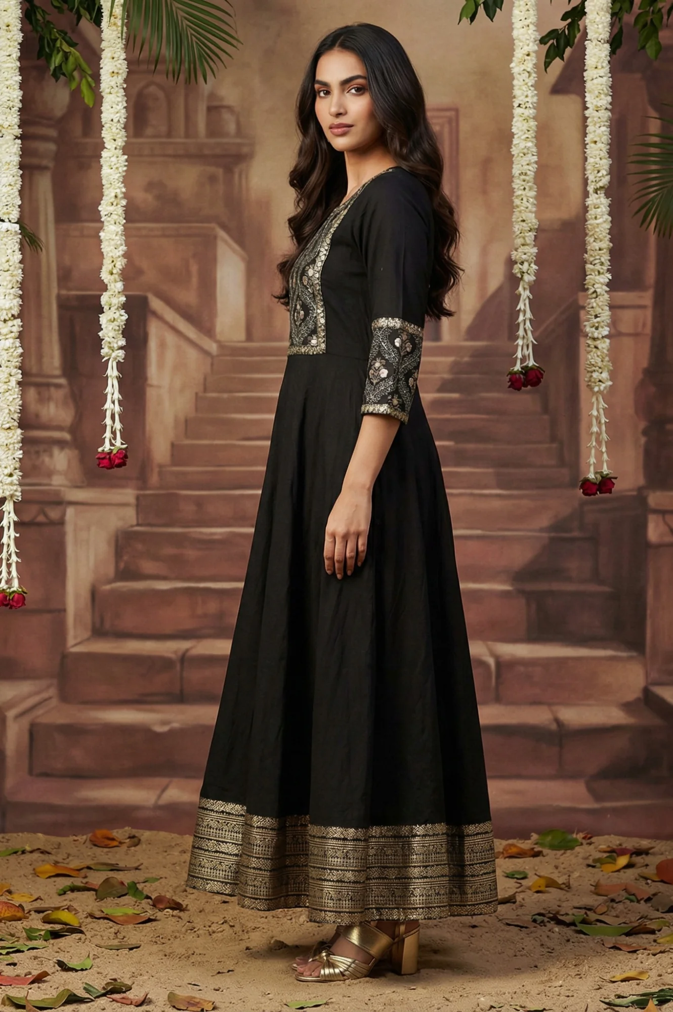 Black Panelled Embroidered Festive Dress - Image 6