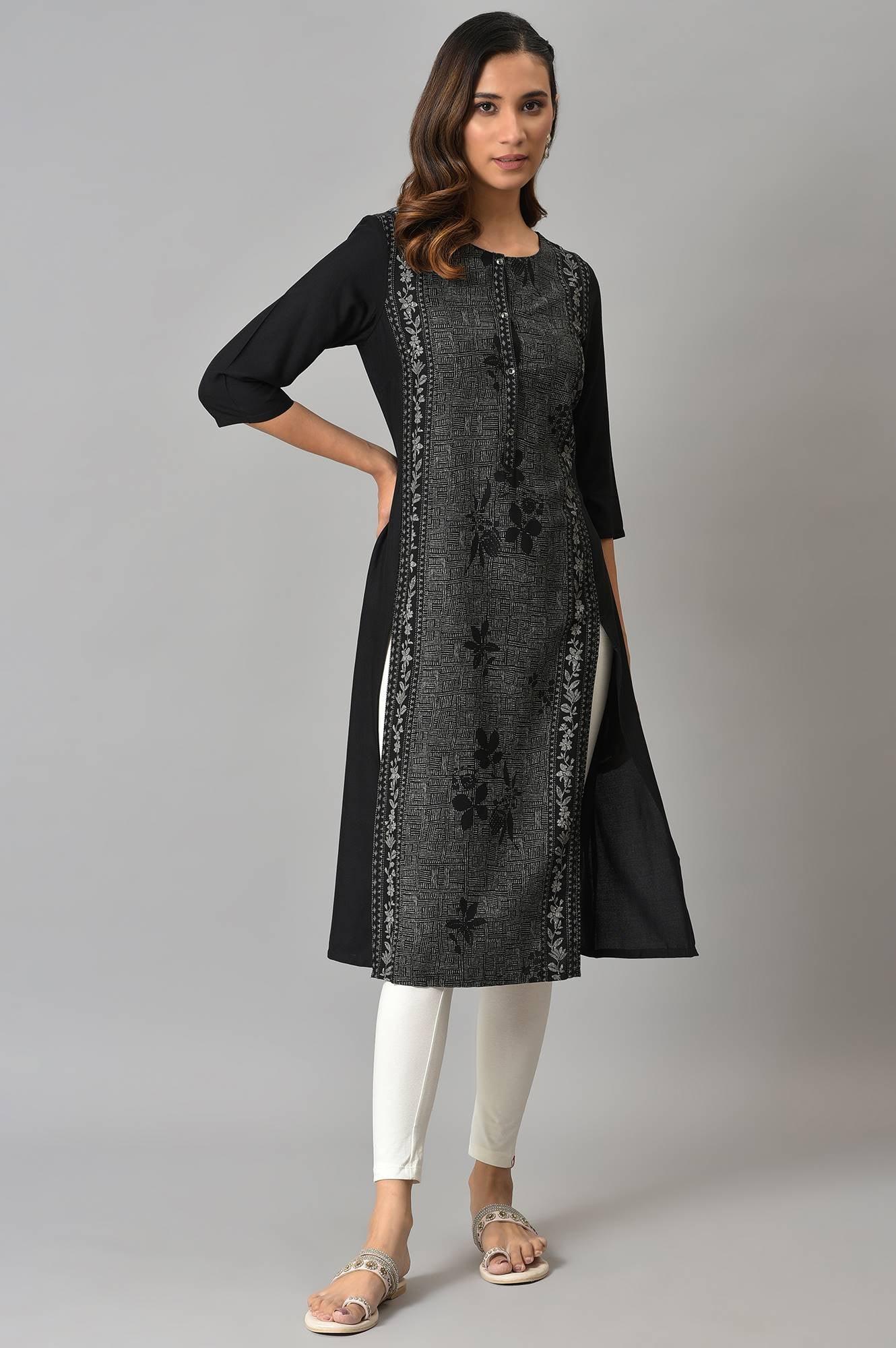 Black Panelled kurta With Front Slit - Image 5