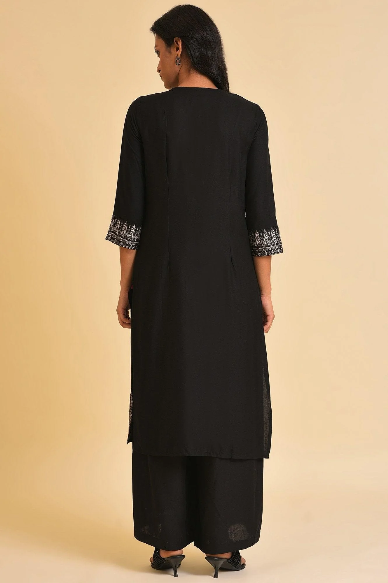 Black Placement Print A-Line kurta - Image 2
