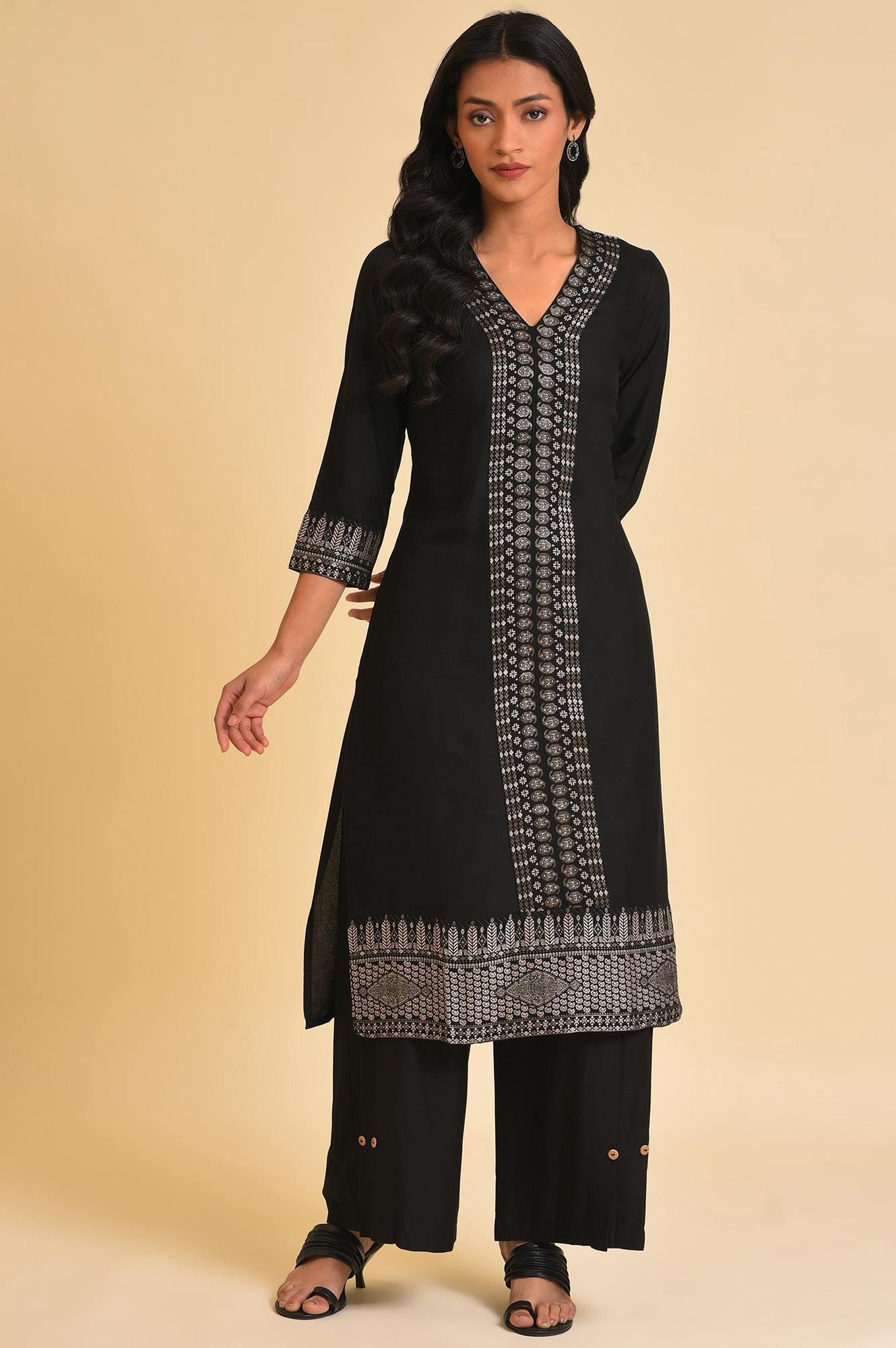 Black Placement Print A-Line Plus Size kurta
