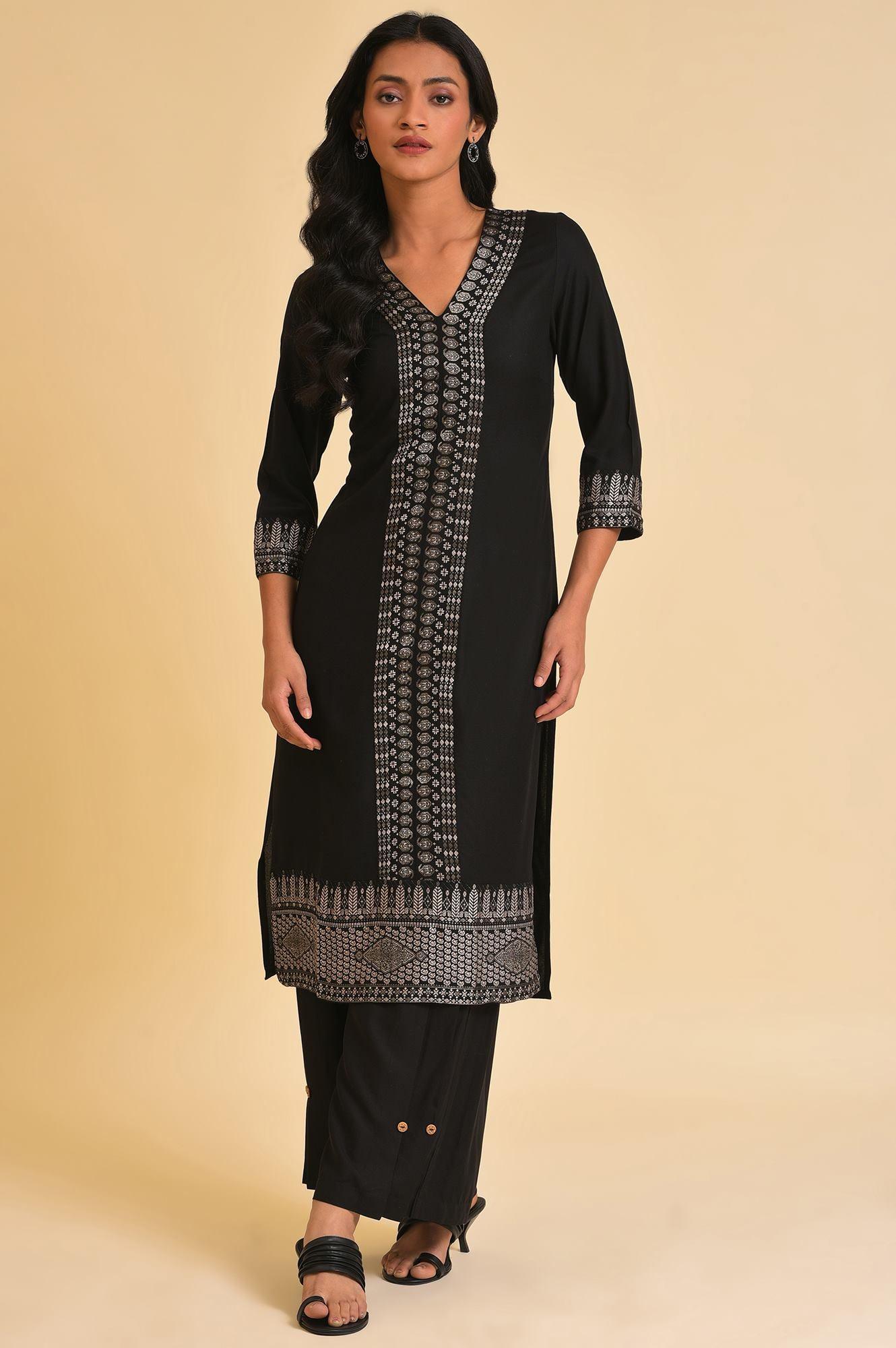 Black Placement Print A-Line Plus Size kurta - Image 6