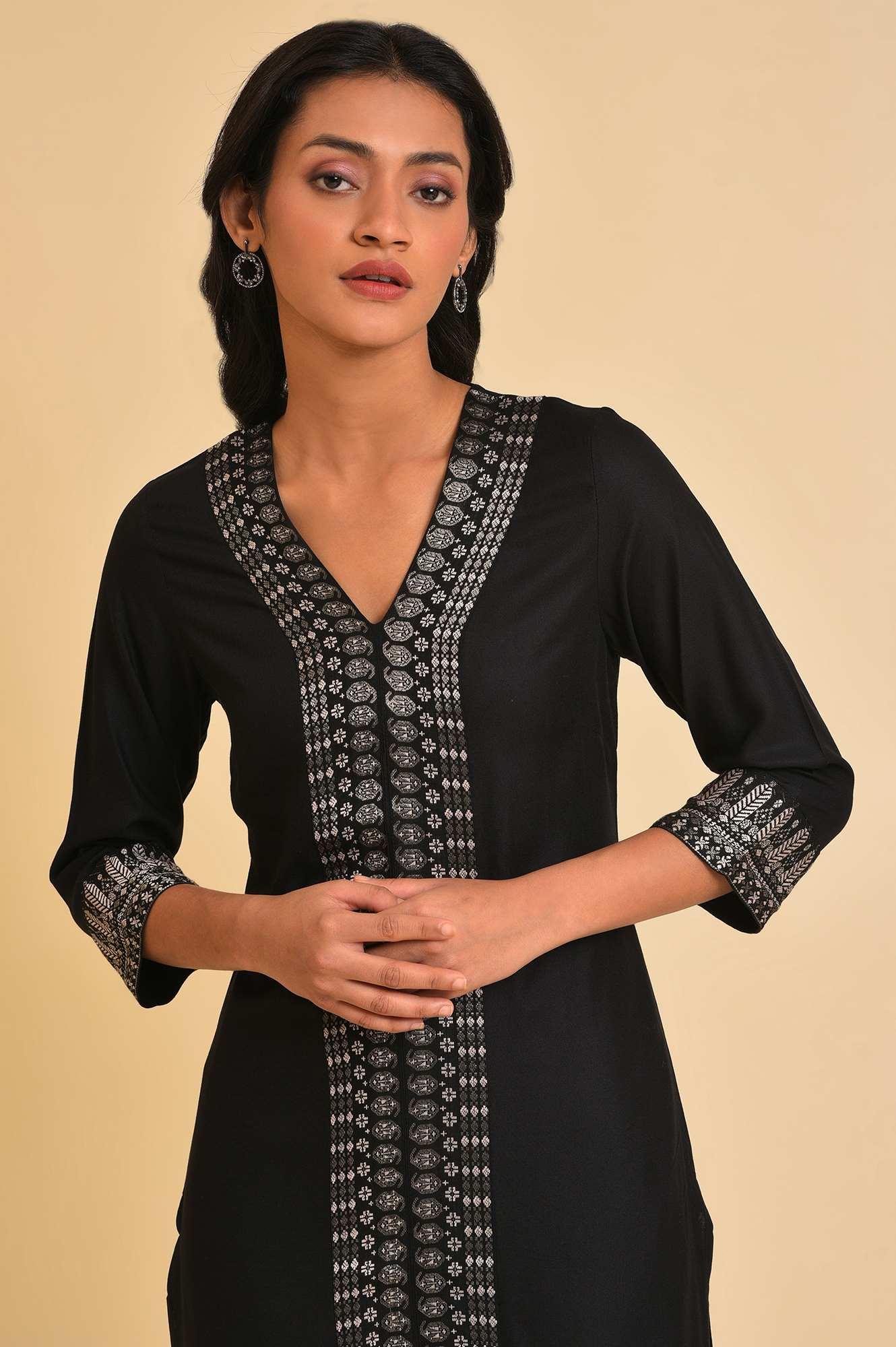 Black Placement Print kurta & Parallel Pants Set - Image 5