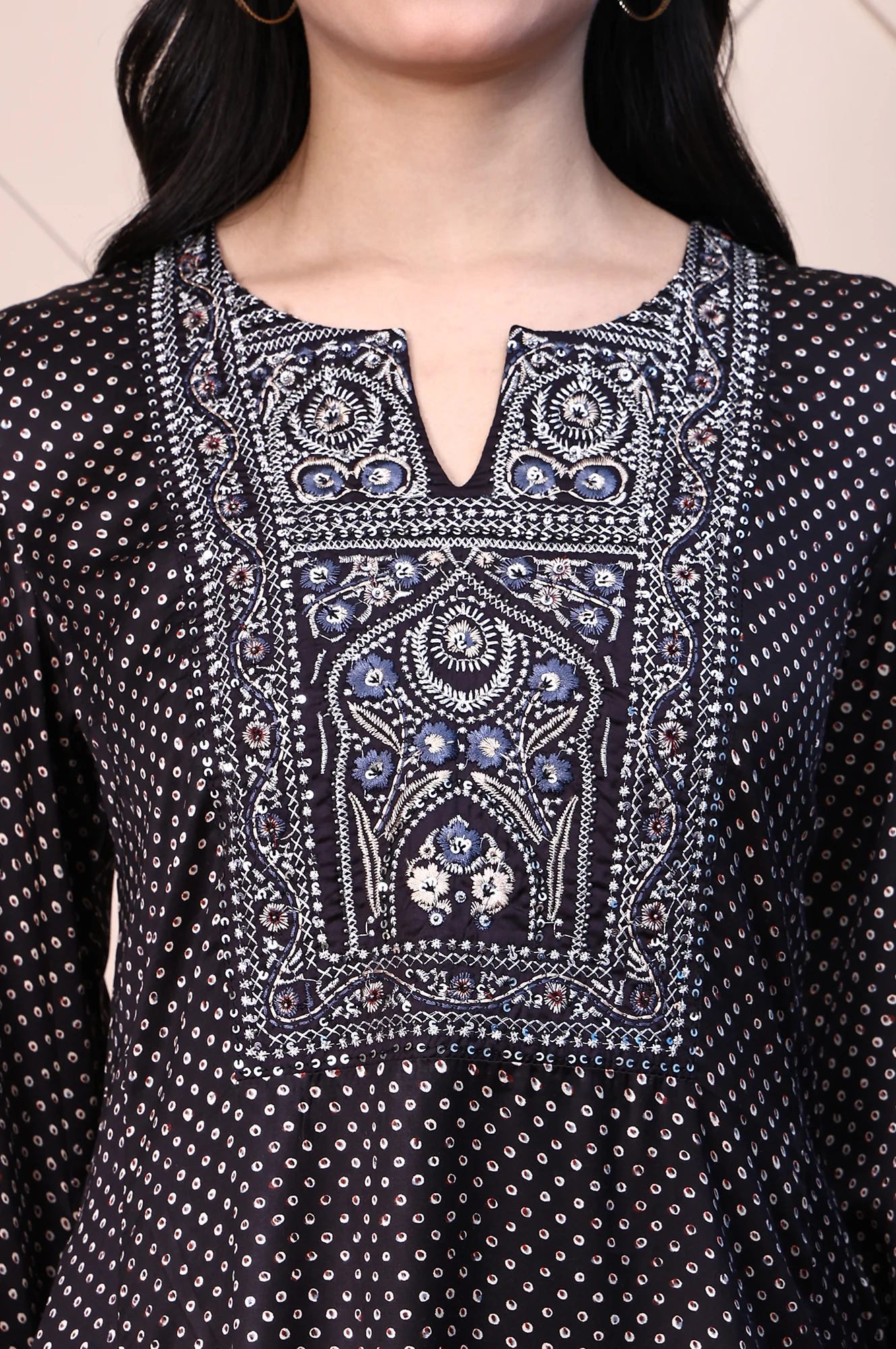 Black Polka Printed Satin A-lineKurta with Thread Embroidery - Image 3