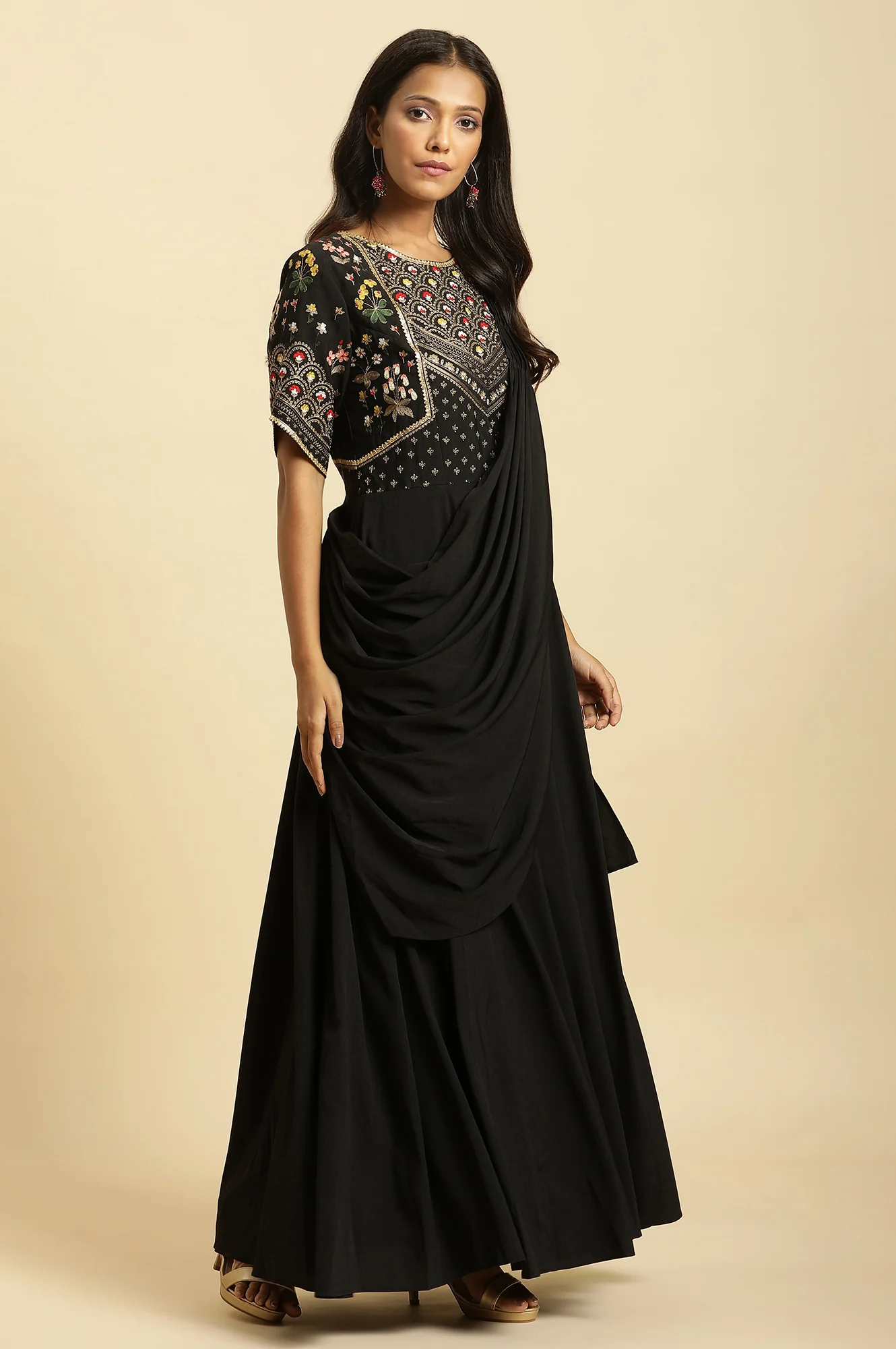 Black Predrape Saree Dress With Multi-Coloured Embroidery - Image 5