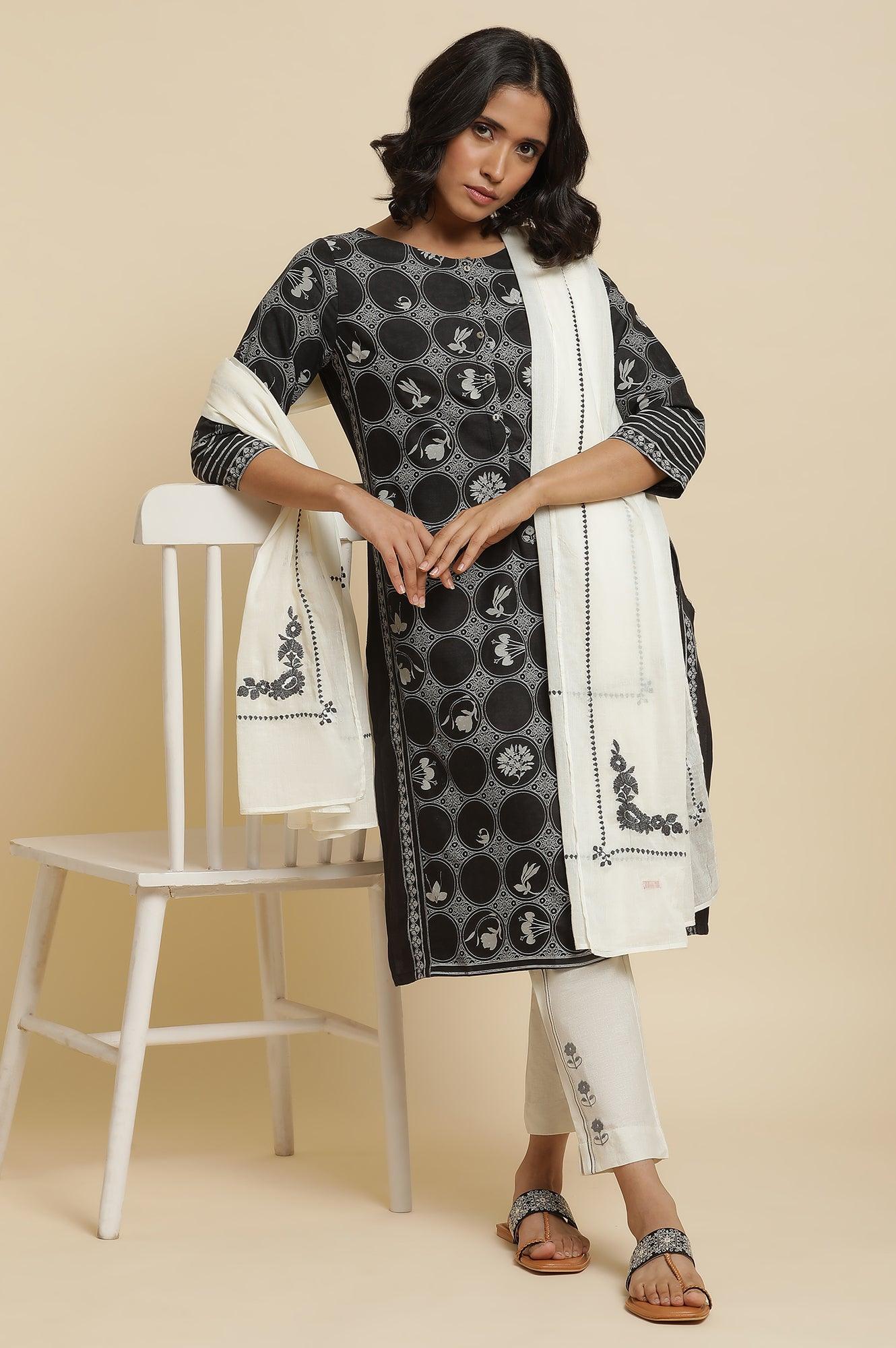 Black Printed Kurta, Ecru Pants & Dupatta