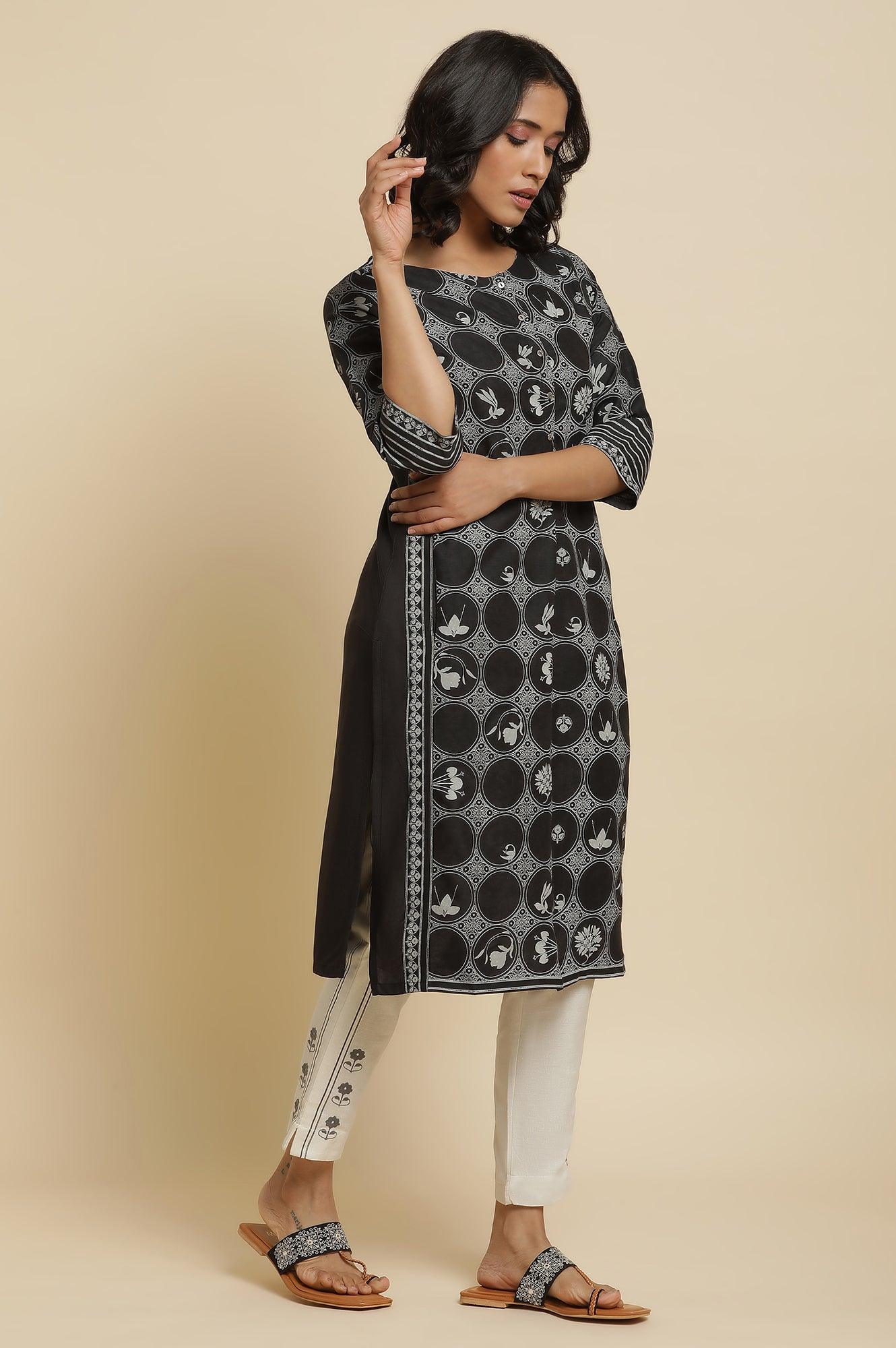 Black Printed Kurta, Ecru Pants & Dupatta - Image 5