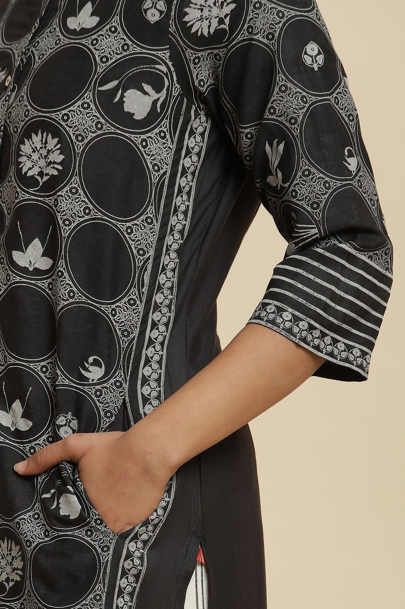 Black Printed Kurta, Ecru Pants & Dupatta - Image 6