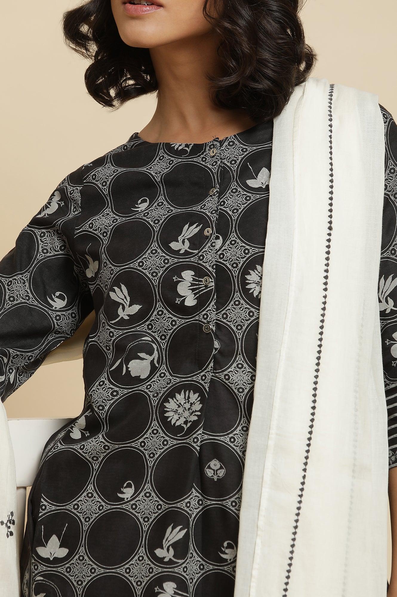 Black Printed Kurta, Ecru Pants & Dupatta - Image 8