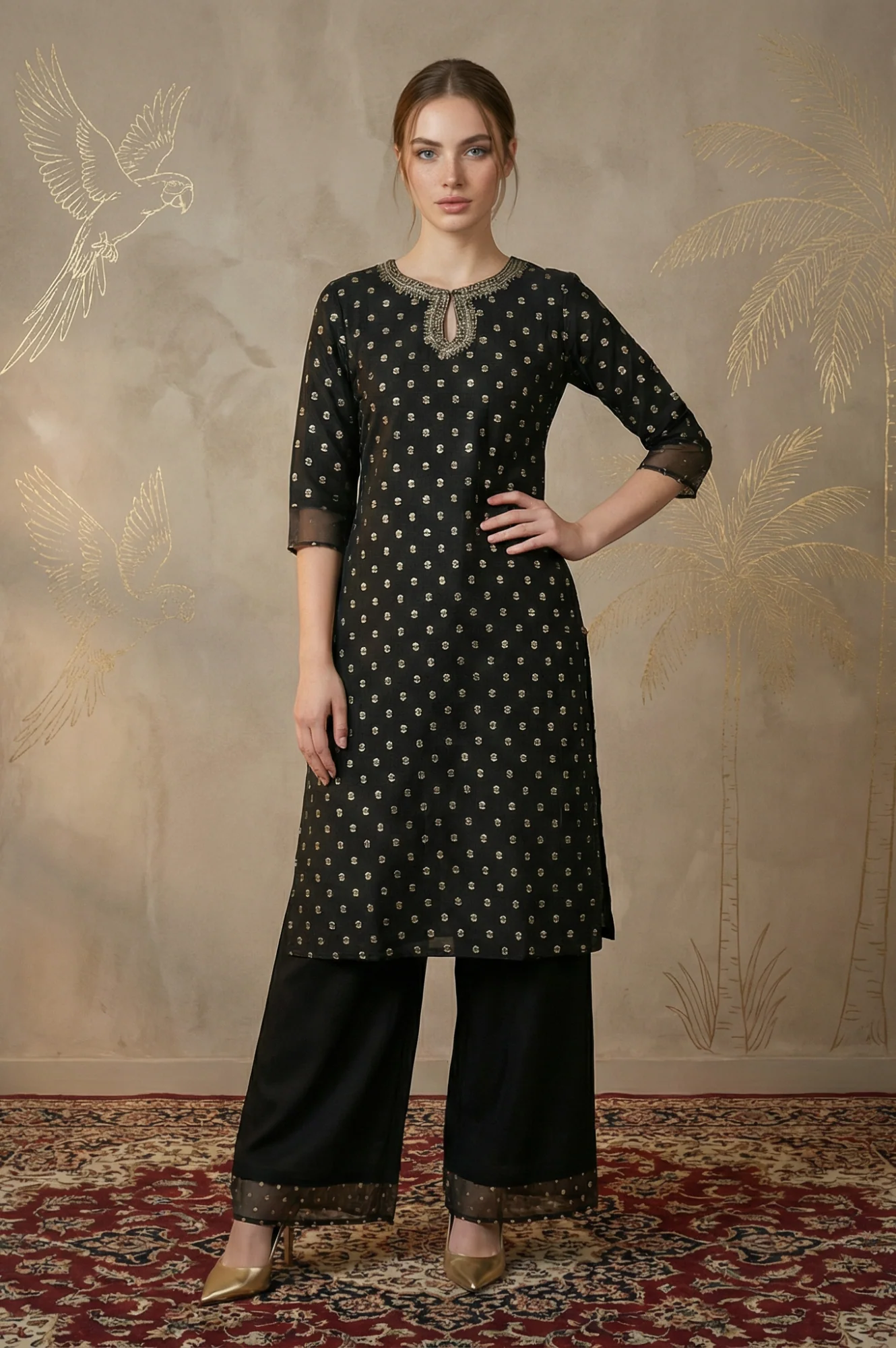 Black Glitter Printed Rayon Straight Kurta with Embroidered Neck