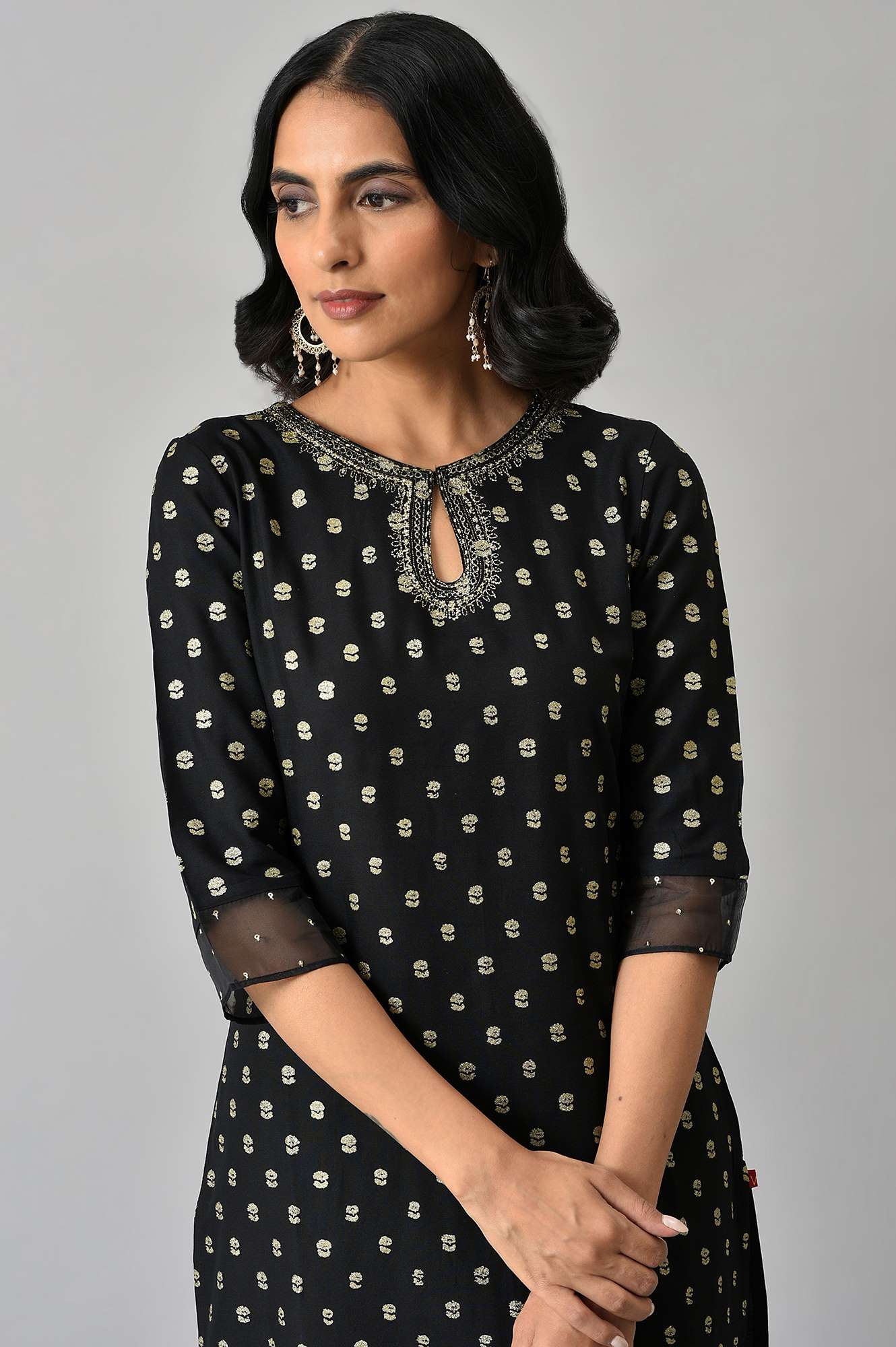 Black Glitter Printed Rayon Straight Kurta with Embroidered Neck - Image 5