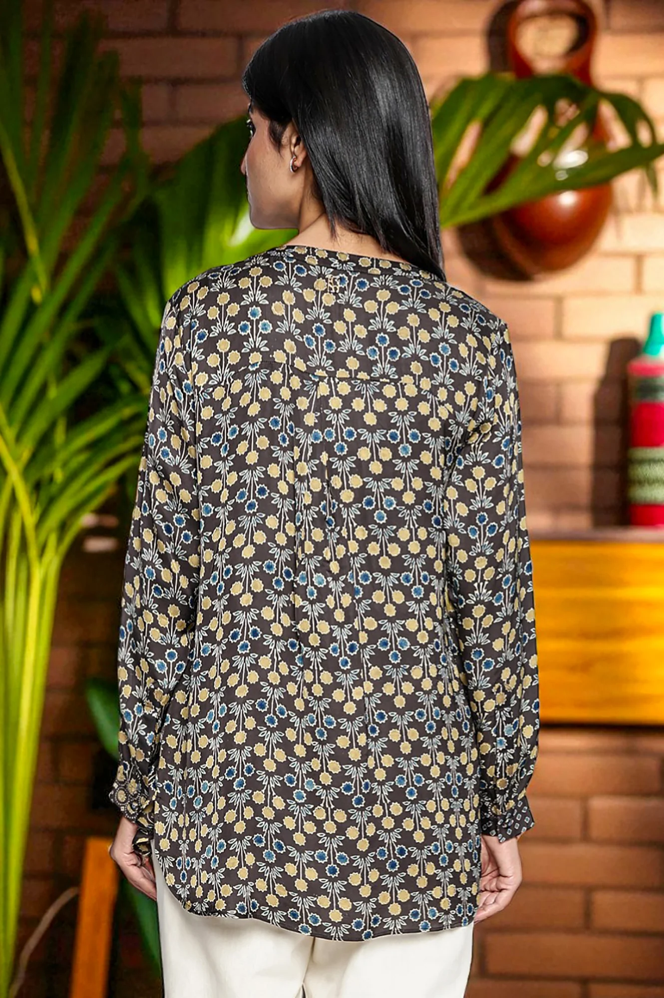 Black Printed Modal Satin Straight Top - Image 5