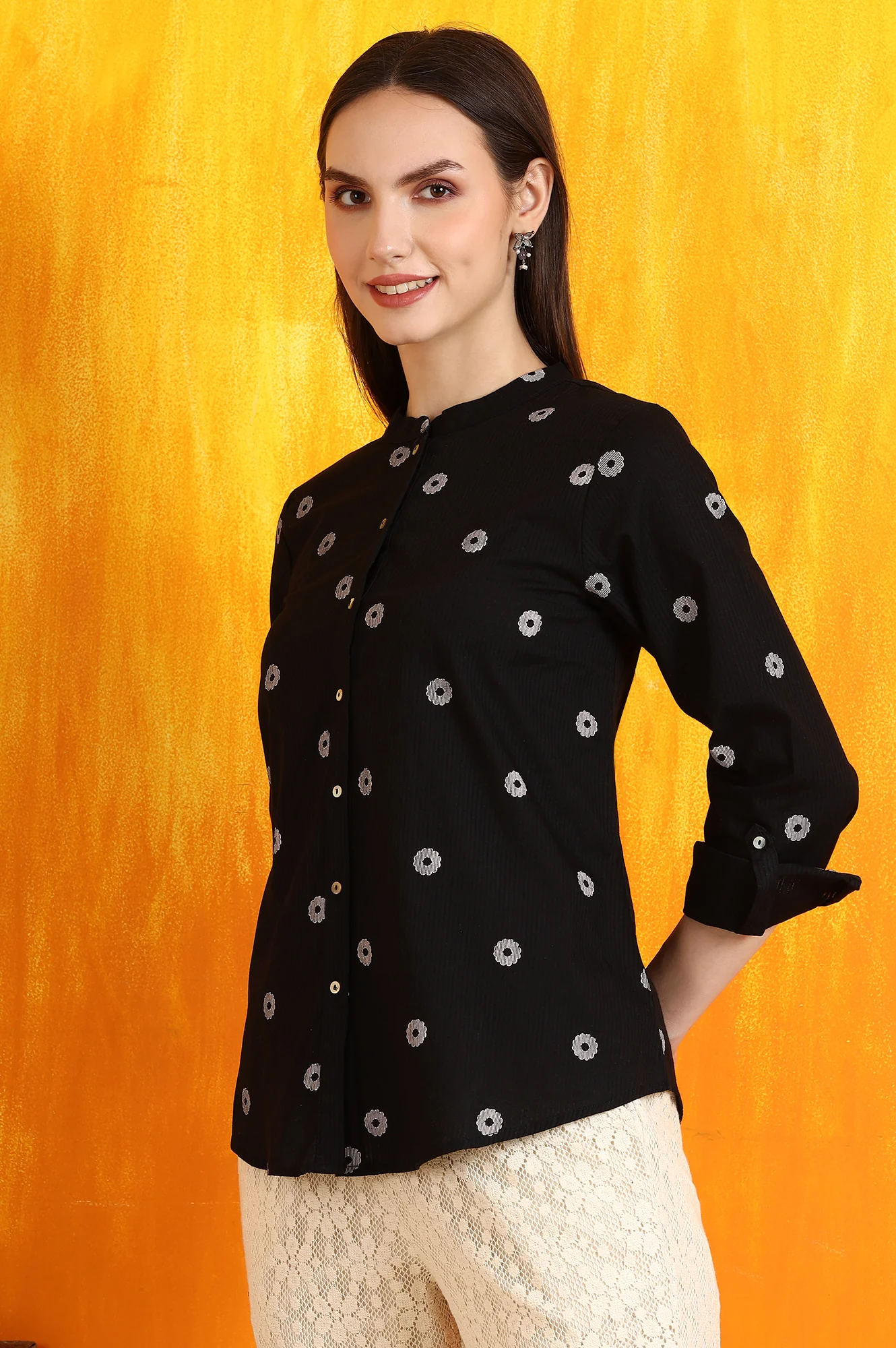 Black Printed Pure Cotton Button Down Shirt - Image 4