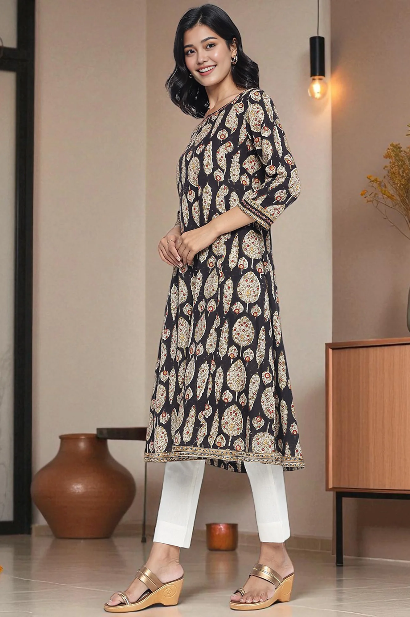Black Printed Pure Cotton Flared Kurta - Image 4