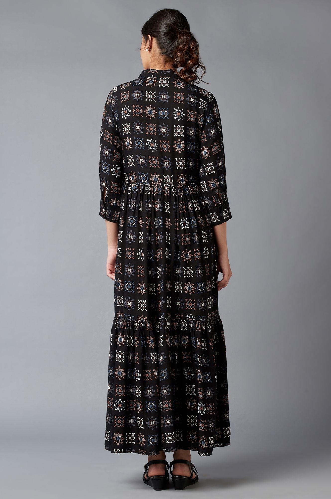 Black Abstract Printed Shirt Collar Maxi Dress - Image 2