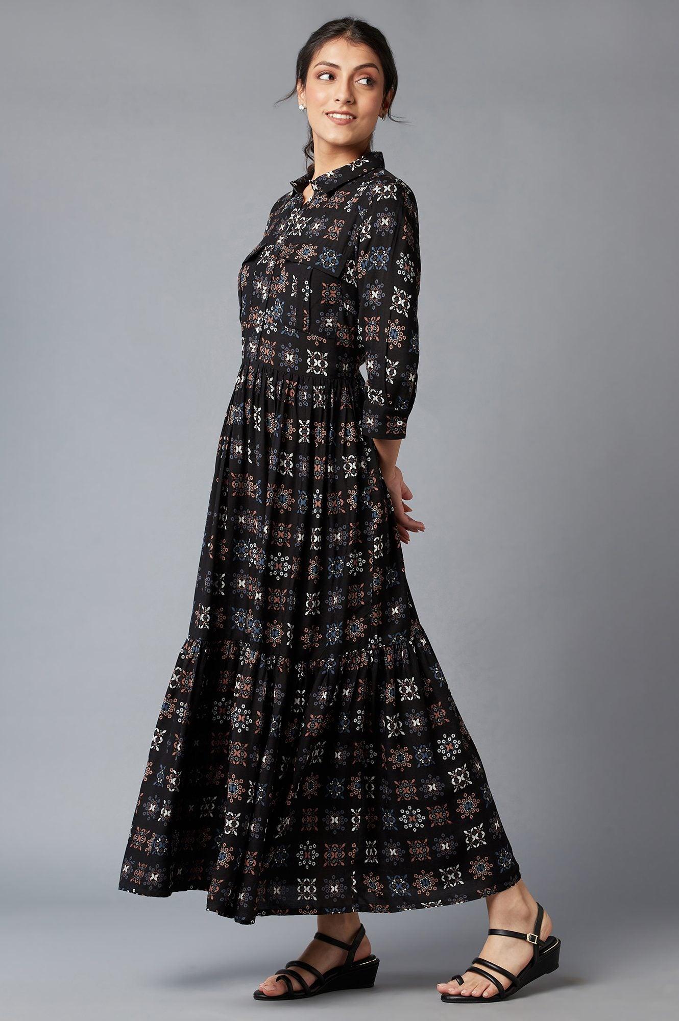 Black Abstract Printed Shirt Collar Maxi Dress - Image 3