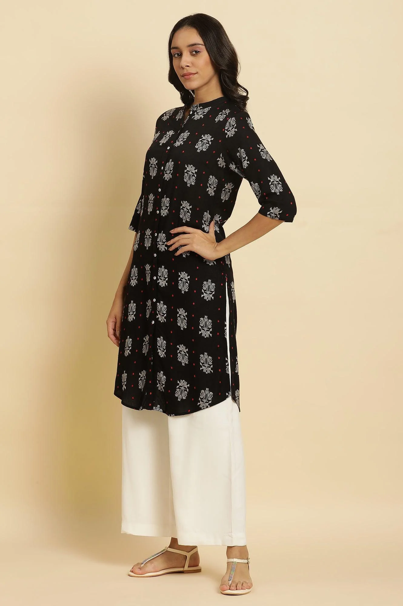 Black Abstract Printed Rayon Shirt-Style Kurta - Image 3