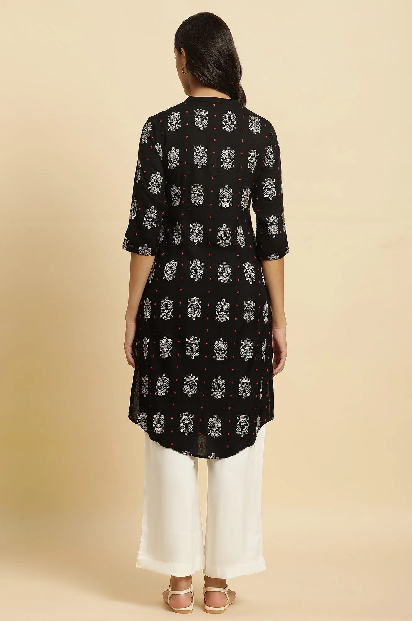 Black Abstract Printed Rayon Shirt-Style Kurta - Image 4