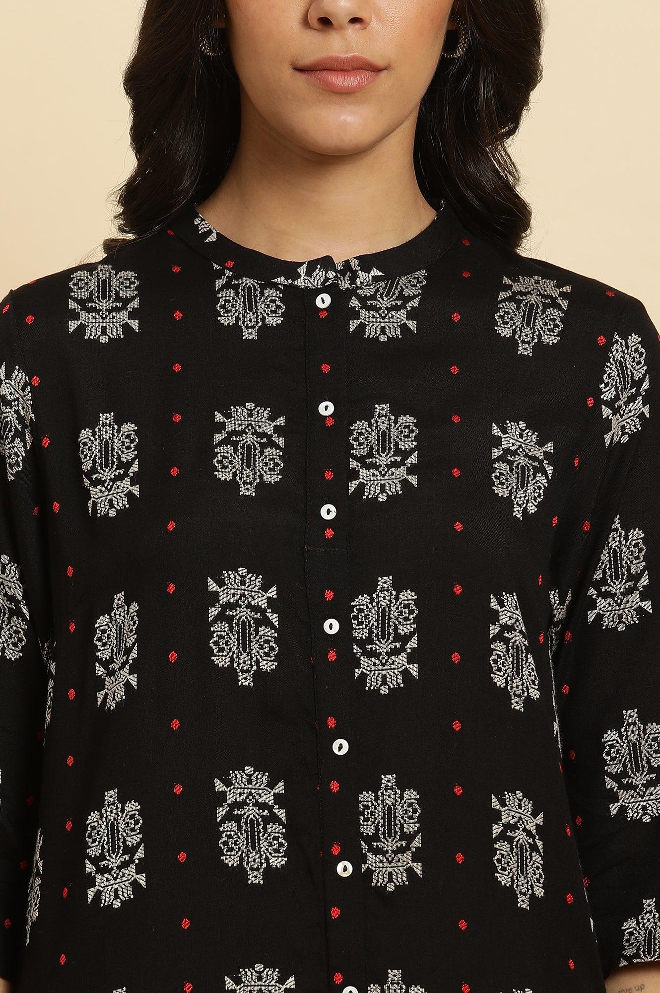 Black Abstract Printed Rayon Shirt-Style Kurta - Image 6