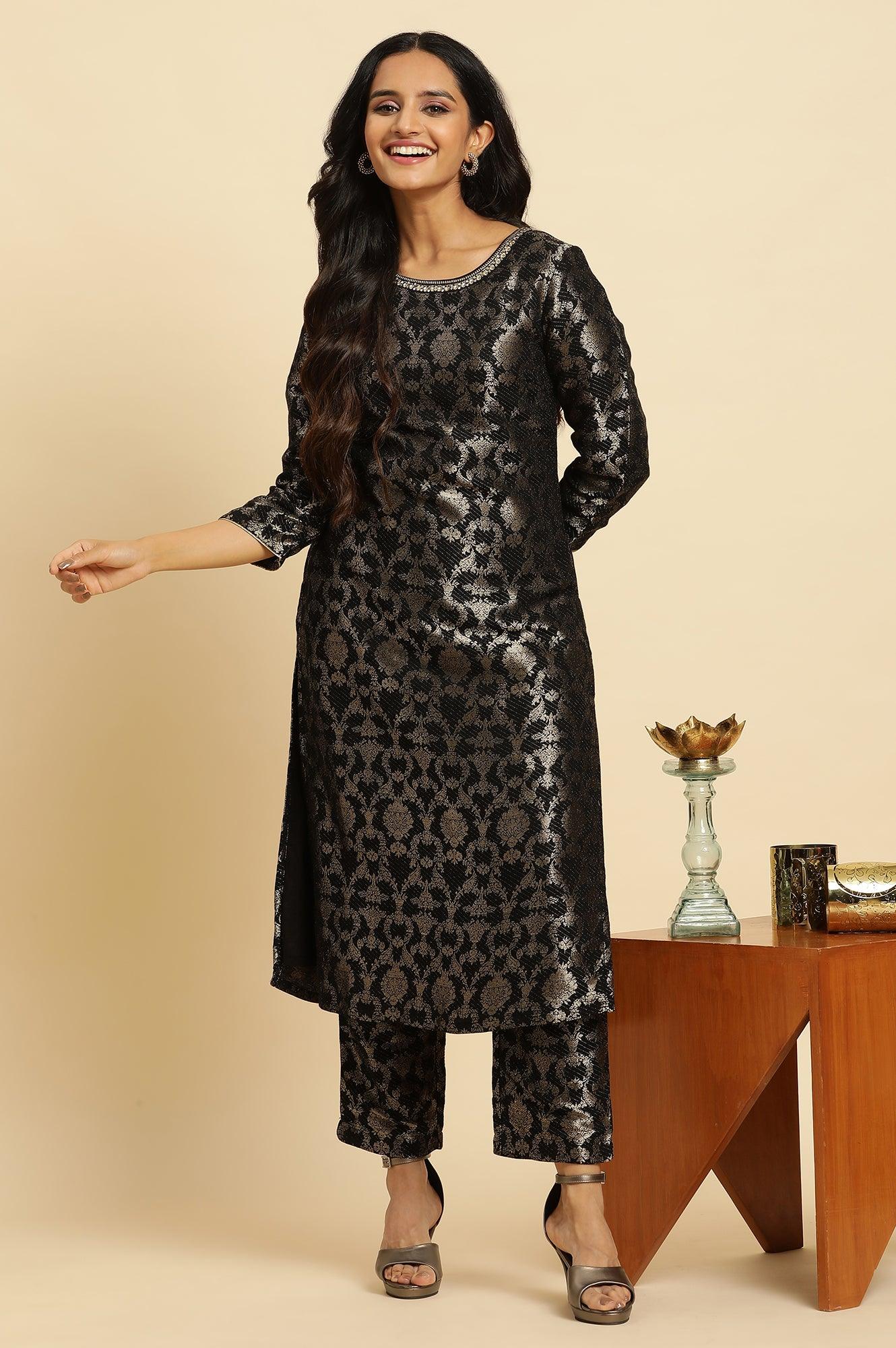 Black Rayon Jacquard Kurta And Pant Festive Set - Image 2