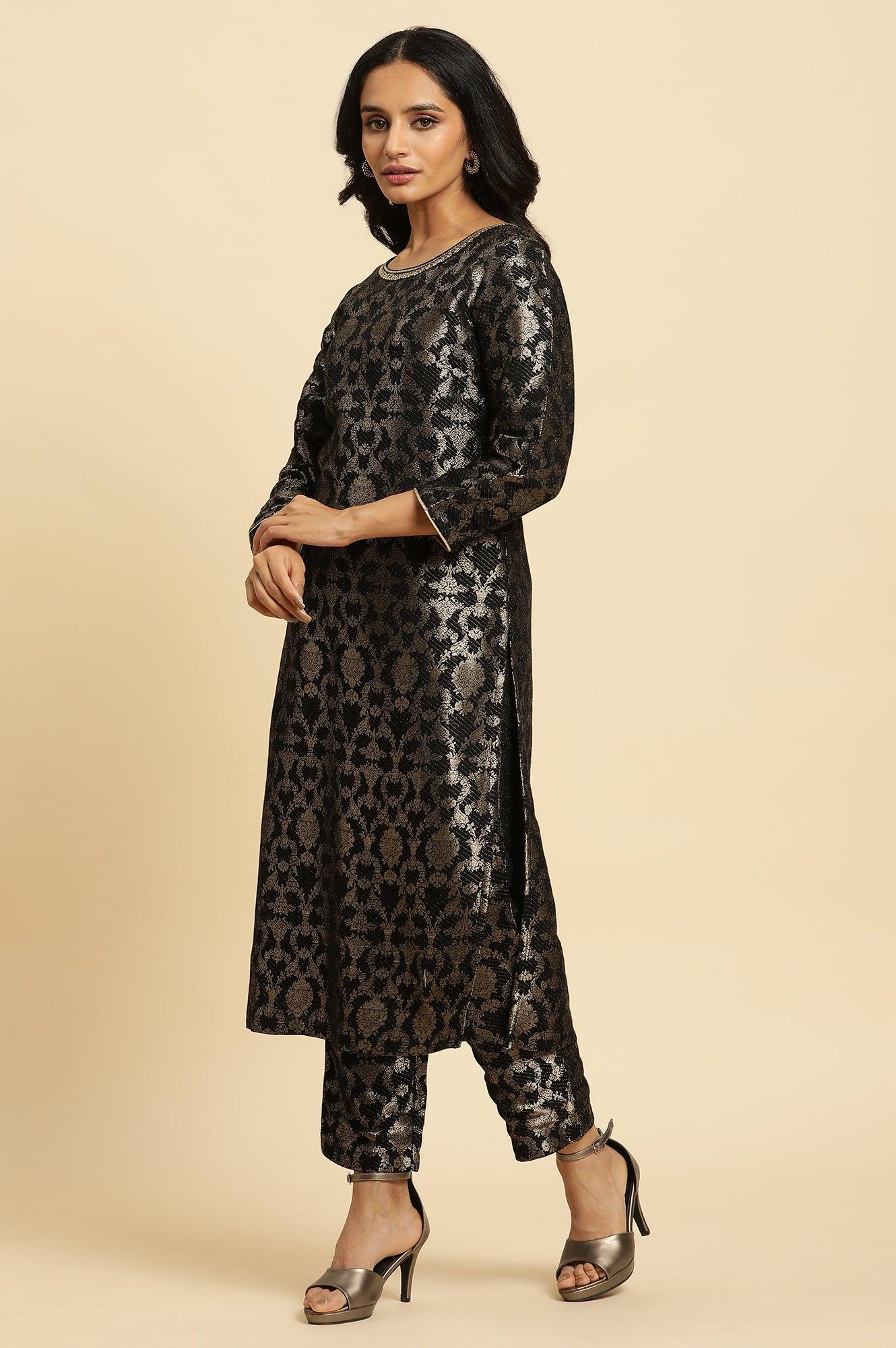 Black Rayon Jacquard Kurta And Pant Festive Set - Image 4
