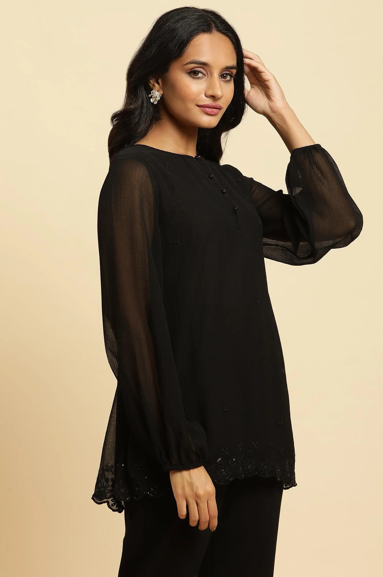 Black Scalloped Embellished Hemline Top - Image 4